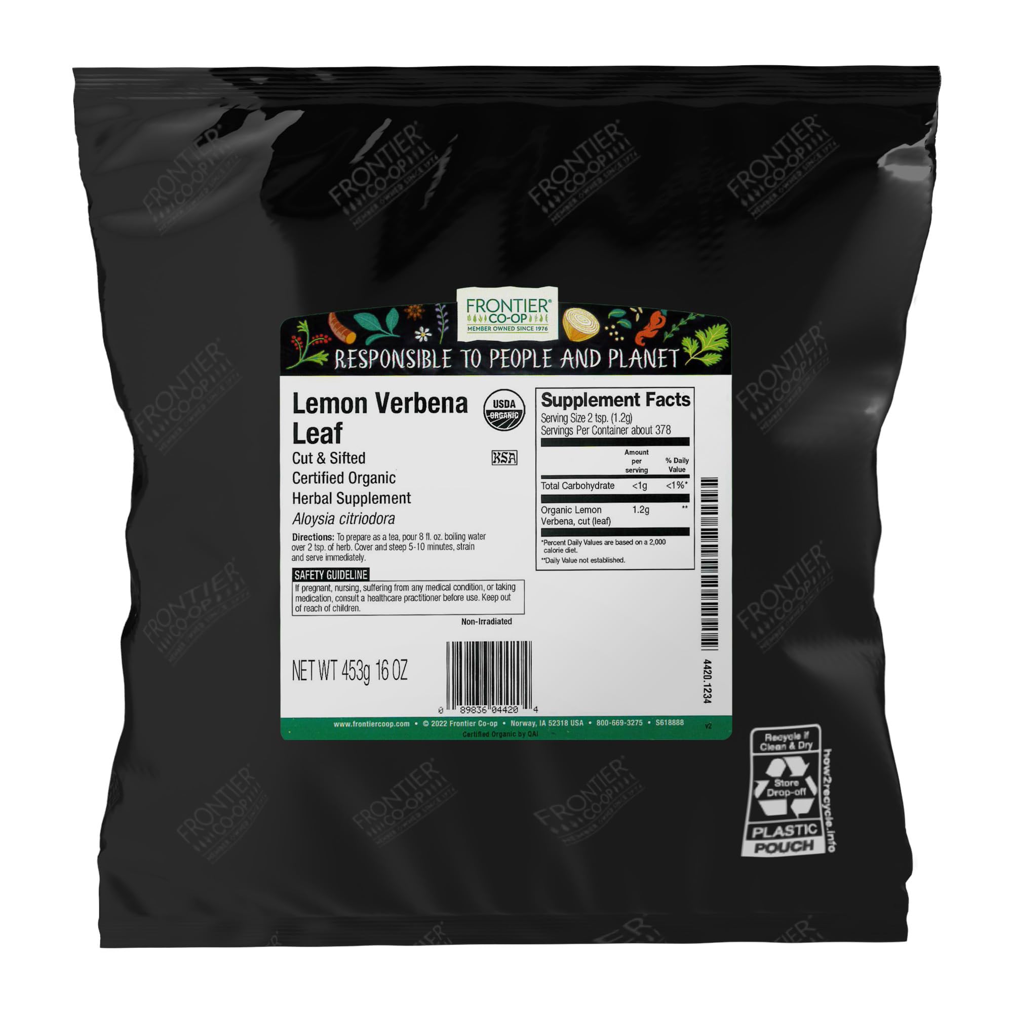 Frontier Co-op Organic Lemon Verbena Leaf, Cut and Sifted, Kosher, Bulk Bag - Loose Leaf Lemon Verbena Tea - Cafe and Restaurant Supply | 16 Ounce (Pack of 1)