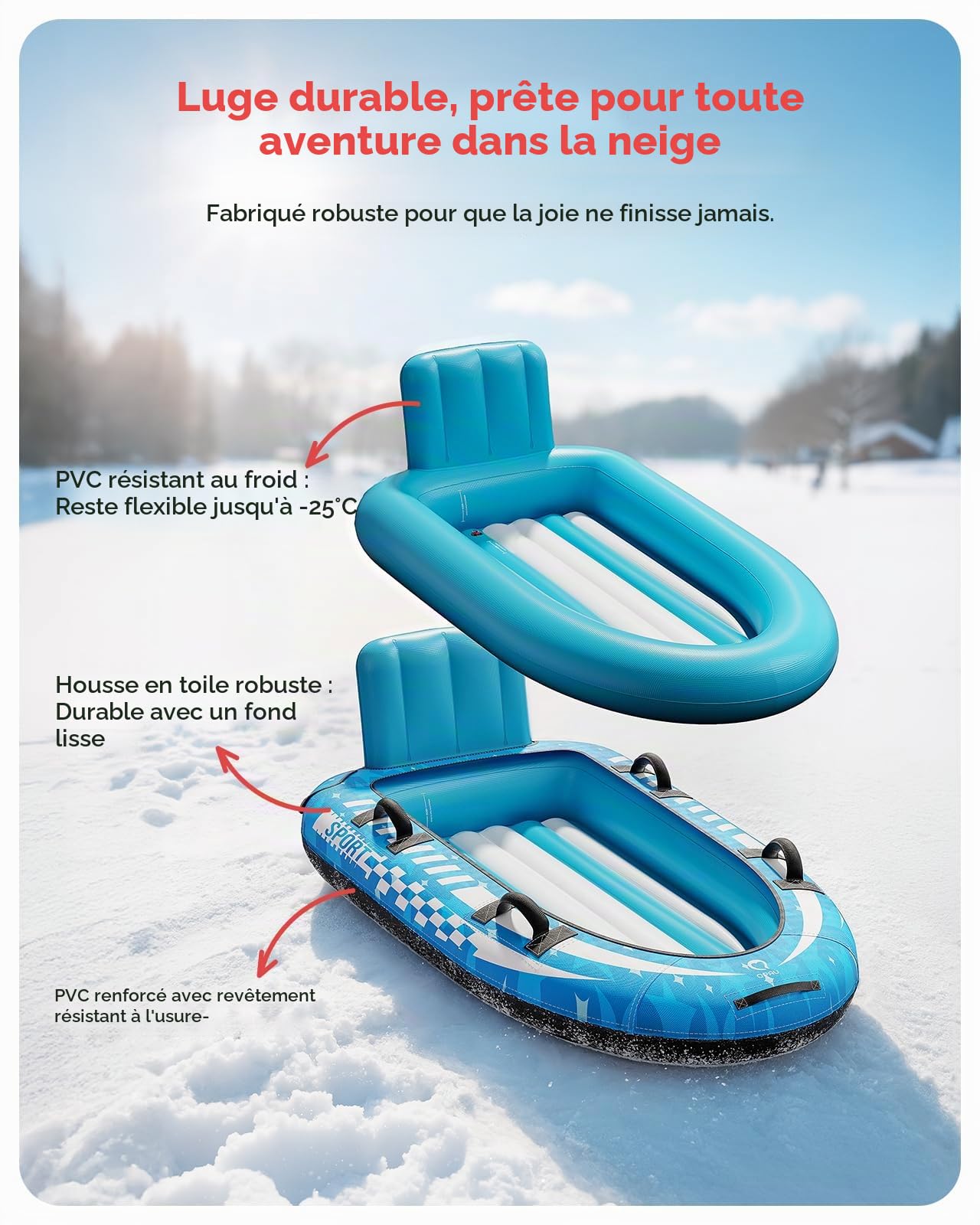 QPAU Luge à neige gonflable pour 2 personnes avec housse en toile de qualité supérieure, traîneau pneumatique robuste avec dossier et poignées renforcées, tubes à neige pour enfants et adultes, jouets