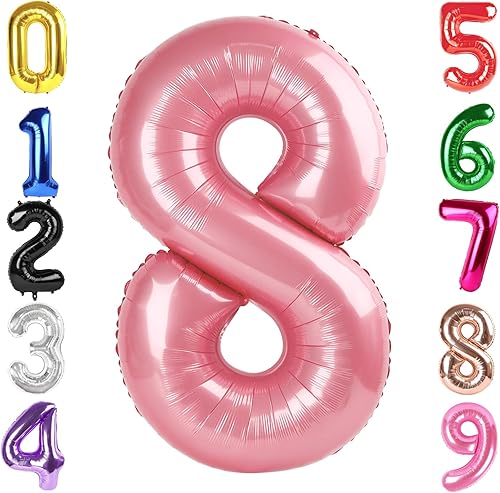 40 Inch Pearlescent Pink Number 8 Balloon, Giant 8 Number Balloons for 8th Birth