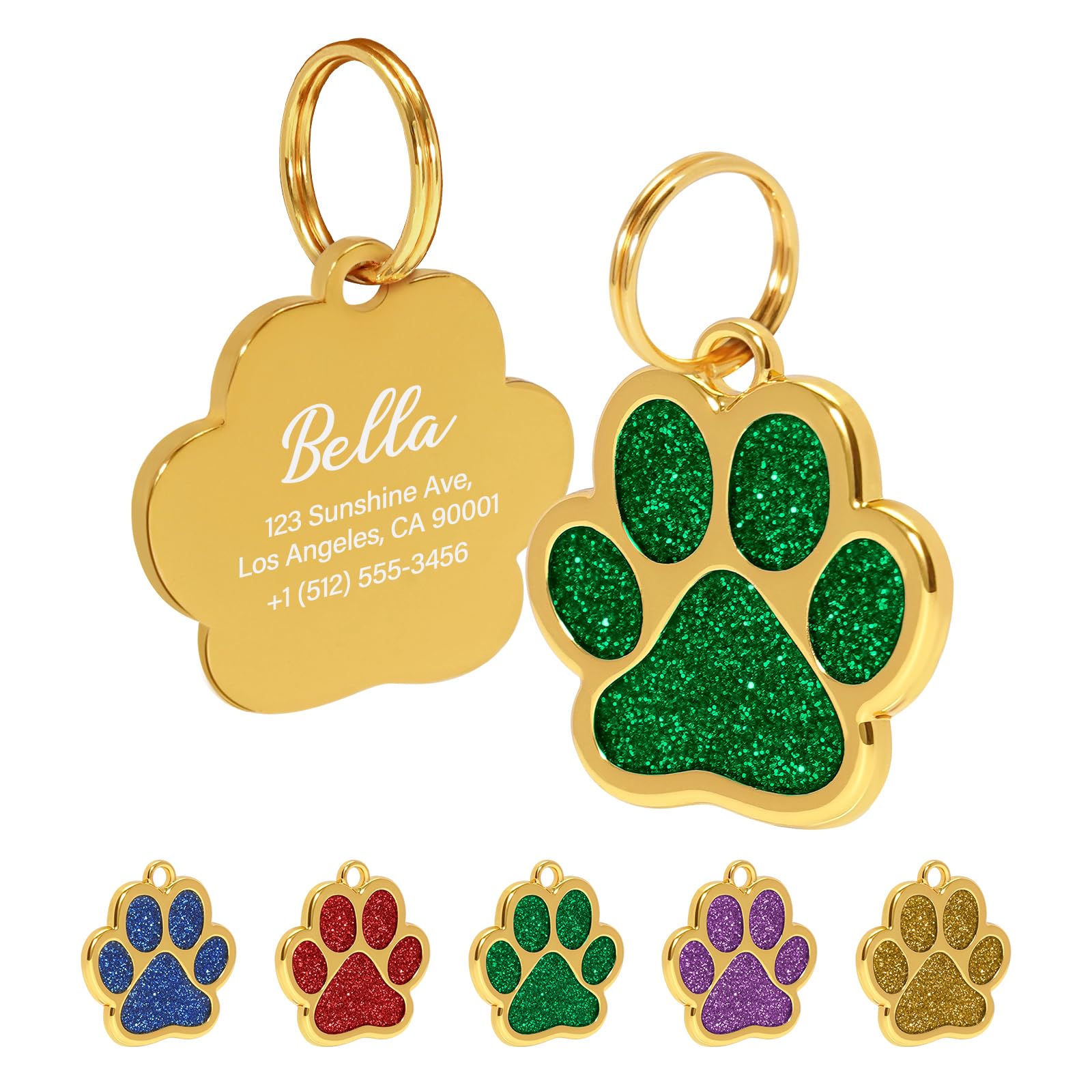 ENOMY Personalized Dog Tags Engraved Pet ID Tag 5 Colors Paw Print Durable Metal Custom Dog & Cat Tags with 4 Lines Text (Green)