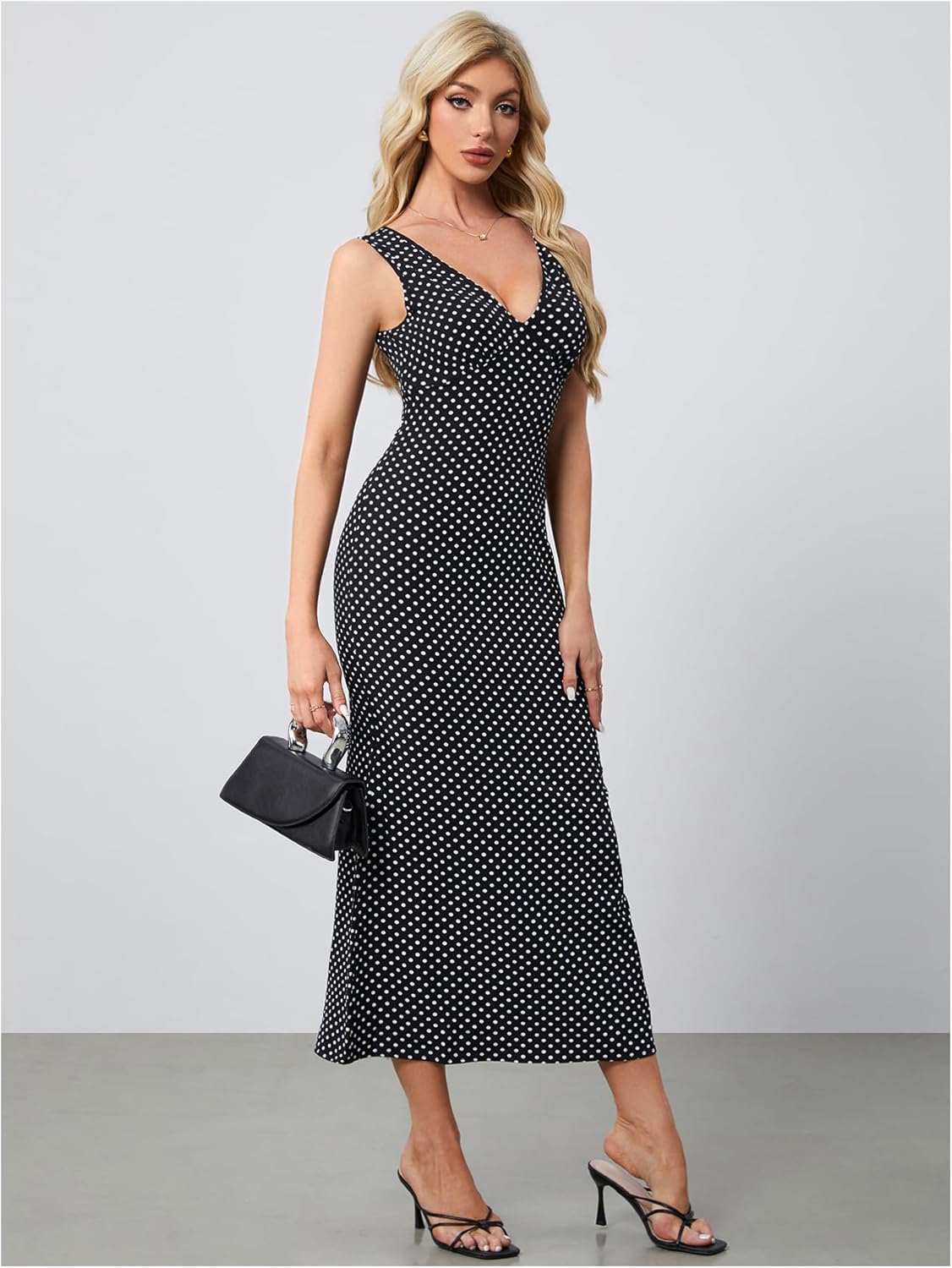 Women's Polka Dots Tie Back Dress Deep V Neck Sleeveless Maxi Going Out Dresses - Image 4
