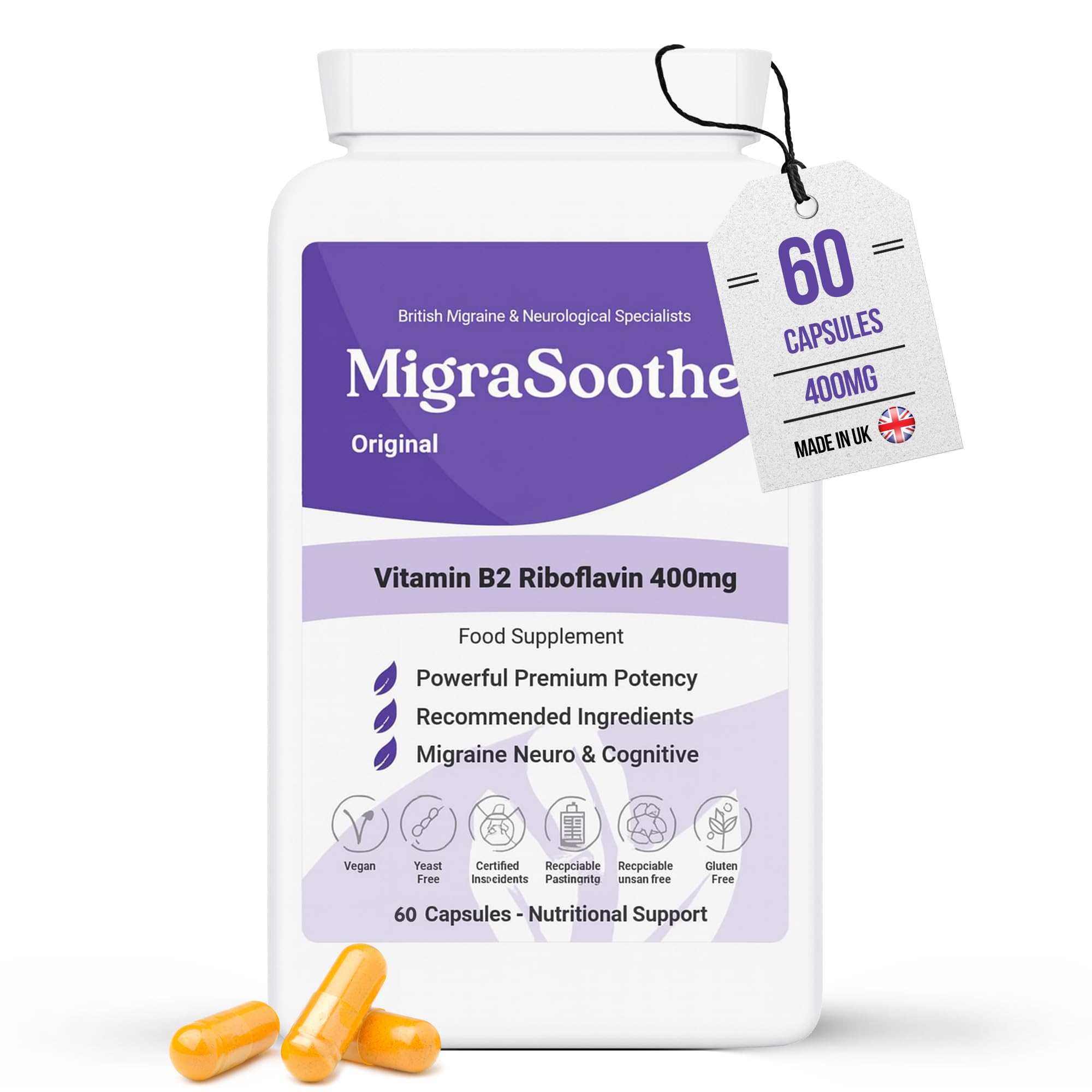 Premium Vitamin B2 Riboflavin 400 mg per Capsule - Migrasoothe-B Migraine Tablets UK Made Migraine Relief, Stress, Tremors & Energy Vegan. Nice UK Gov Recommended Vitamin B2 400 (60)