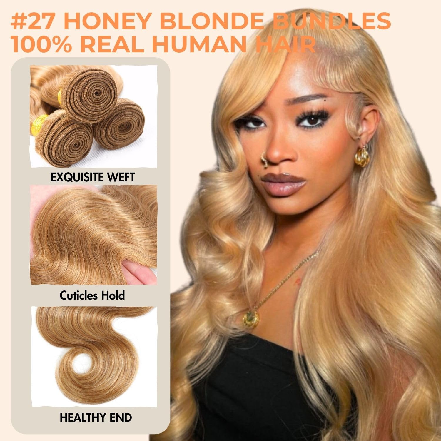 #27 Honey Blonde Bundles with closure 4X4 Human Hair Body Wave, Color 27 Golden Blonde Bundles with 4x4 HD Lace Closure Free Part 13A 100% Virgin Hair Double Weft Deal Bundles 16 18 20+16 Inch