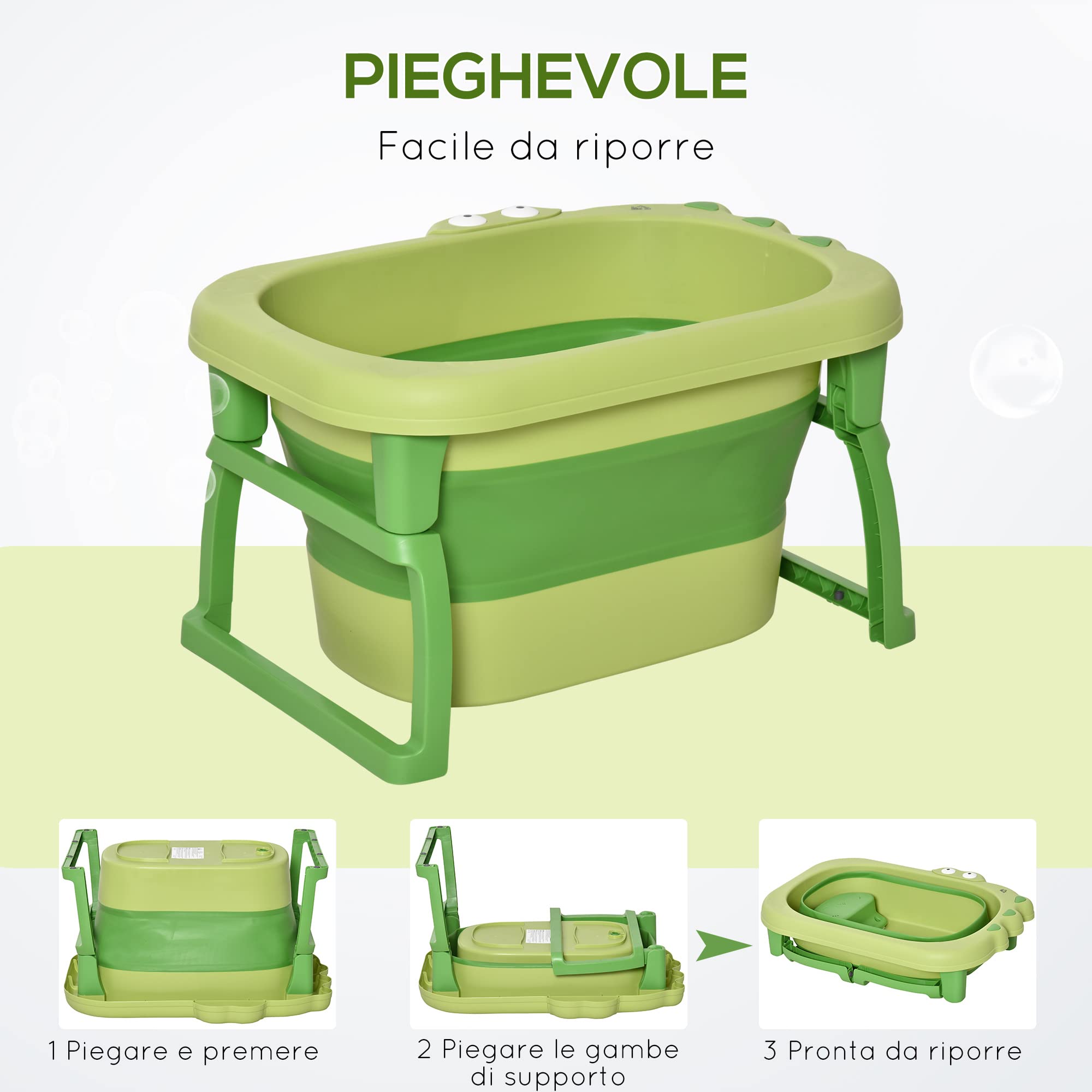 HOMCOM Vaschetta Bagnetto Neonato Pieghevole con Supporto Antiscivolo, Vaschetta da Bagno Portatile per Neonati e Bambini di 0-6 Anni con Foro di Scarico, 75.3x55.4x43cm, Verde