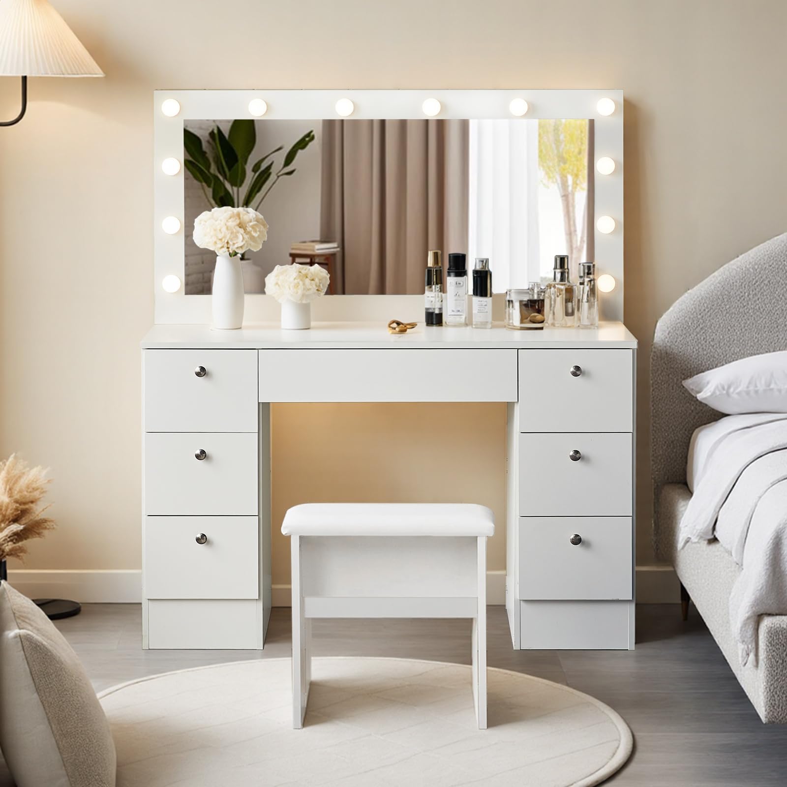 LEMROE Toletta da Trucco con Luci LED e Specchio Grande, Luminosità Regolabile, Postazione Trucco con Luci, Toeletta da Trucco con sgabell, 7 Cassetti