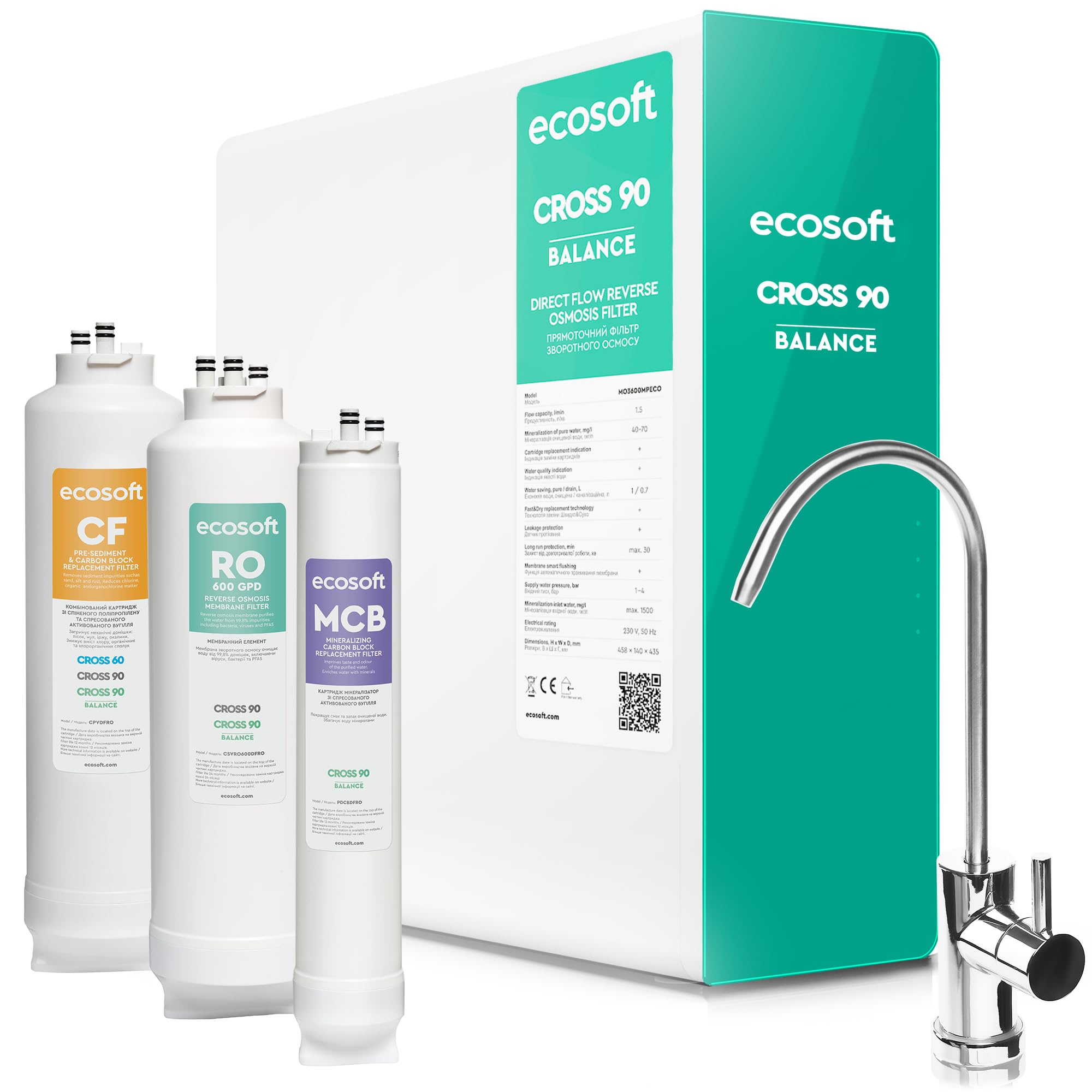 Ecosoft CROSS 90 Balance Filtro de Ósmosis Inversa - Diseño Compacto, 1,5 L/min Alta Tasa de Flujo, Pantalla Inteligente, Tasa de Recuperación del 60%, Componentes Certificados NSF/ANSI 58