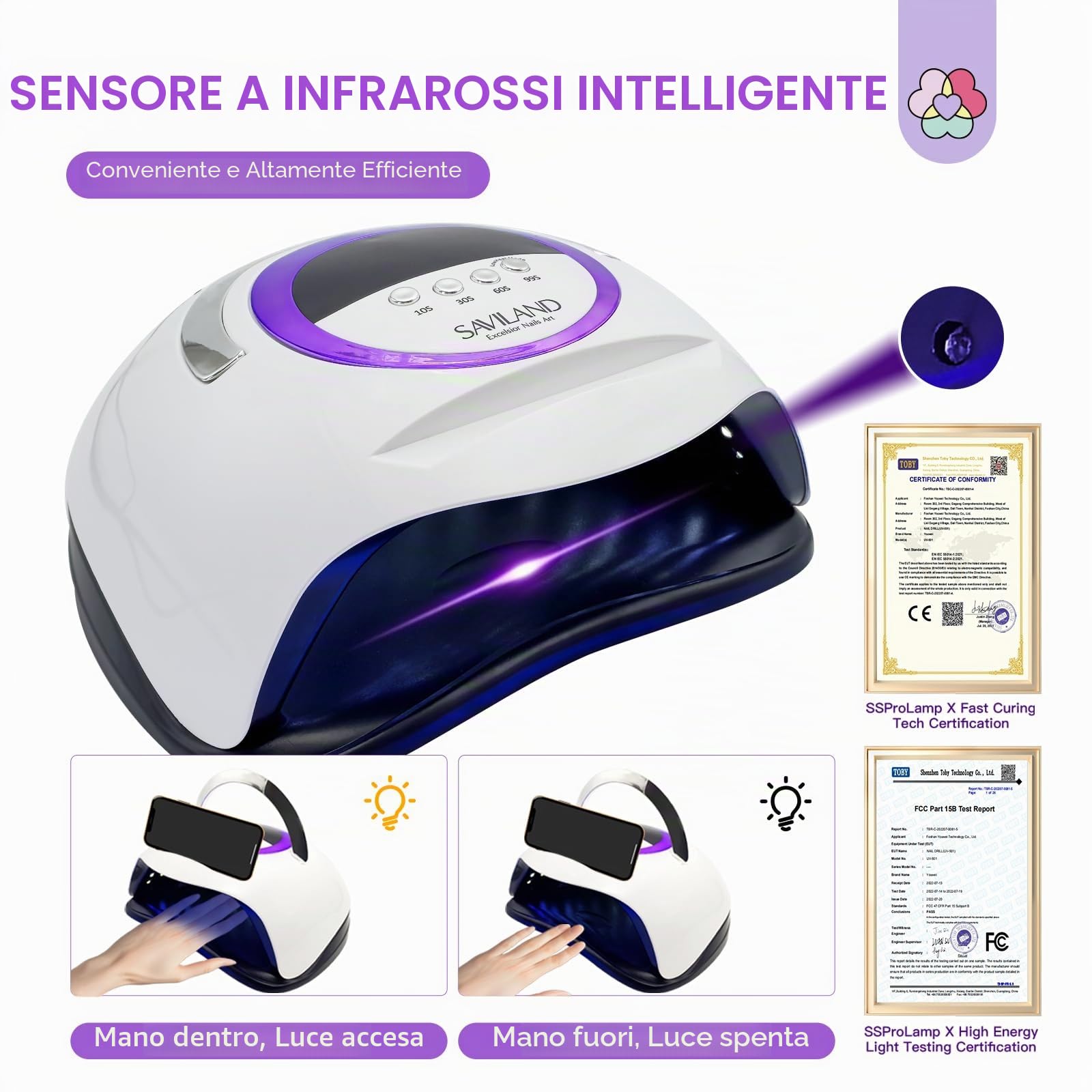 SAVILAND 300W Lampada U V LED Unghie Lampada Unghie Polimerizzazione Rapida con 72 Perle 4 Timer 10s/30s/60s/99s LCD Display Automatico Sensore Adatta Principianti per Nail Art Fai Da Te e Salon