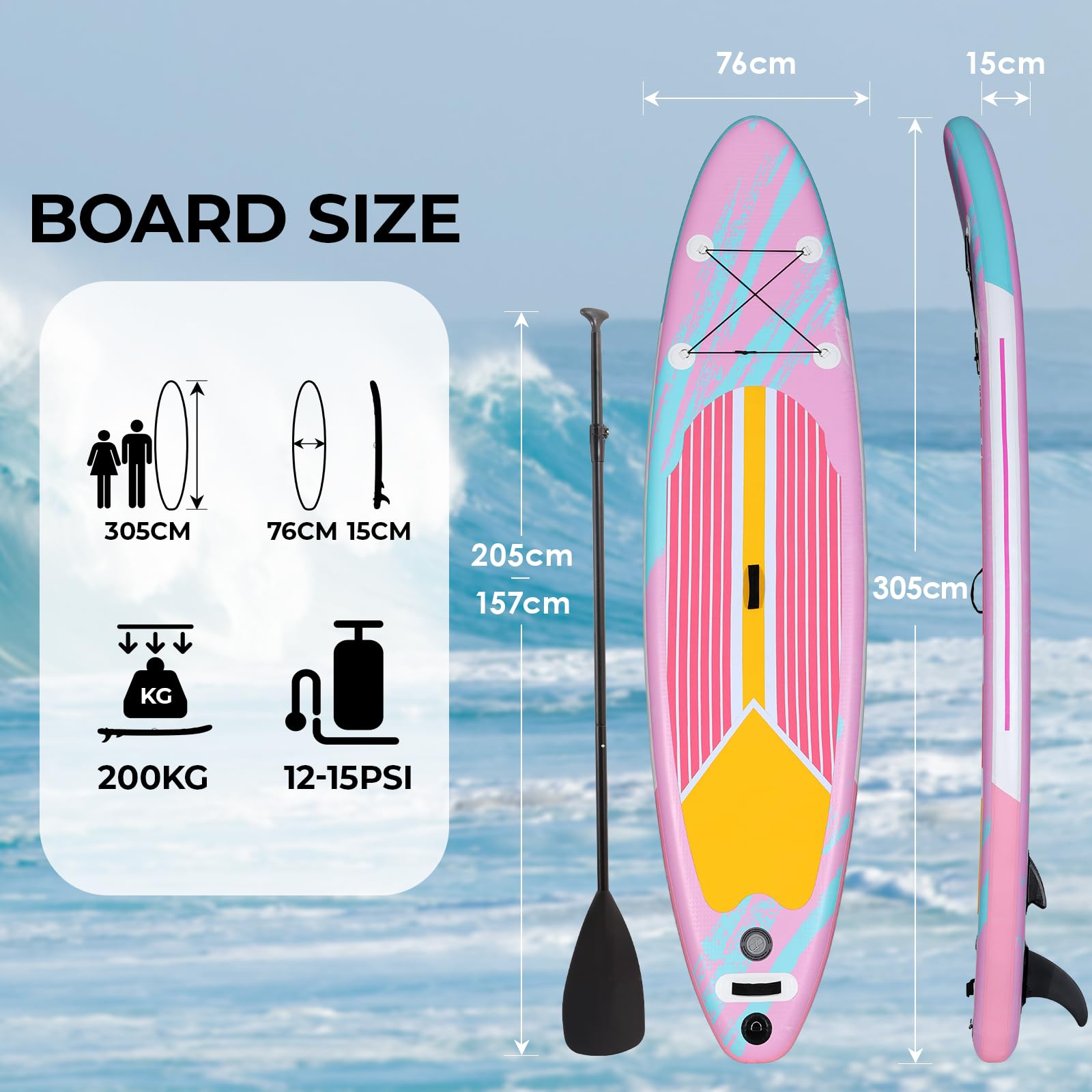 Tabla de Sup Paddle Surf Inflable, 305 x 76 x 15 cm con Accesorios Premium, abla Padel Surf Hinchable con Gran Estabilidad y Resistencia para Yoga, Turismo, Pesca, 200 KG