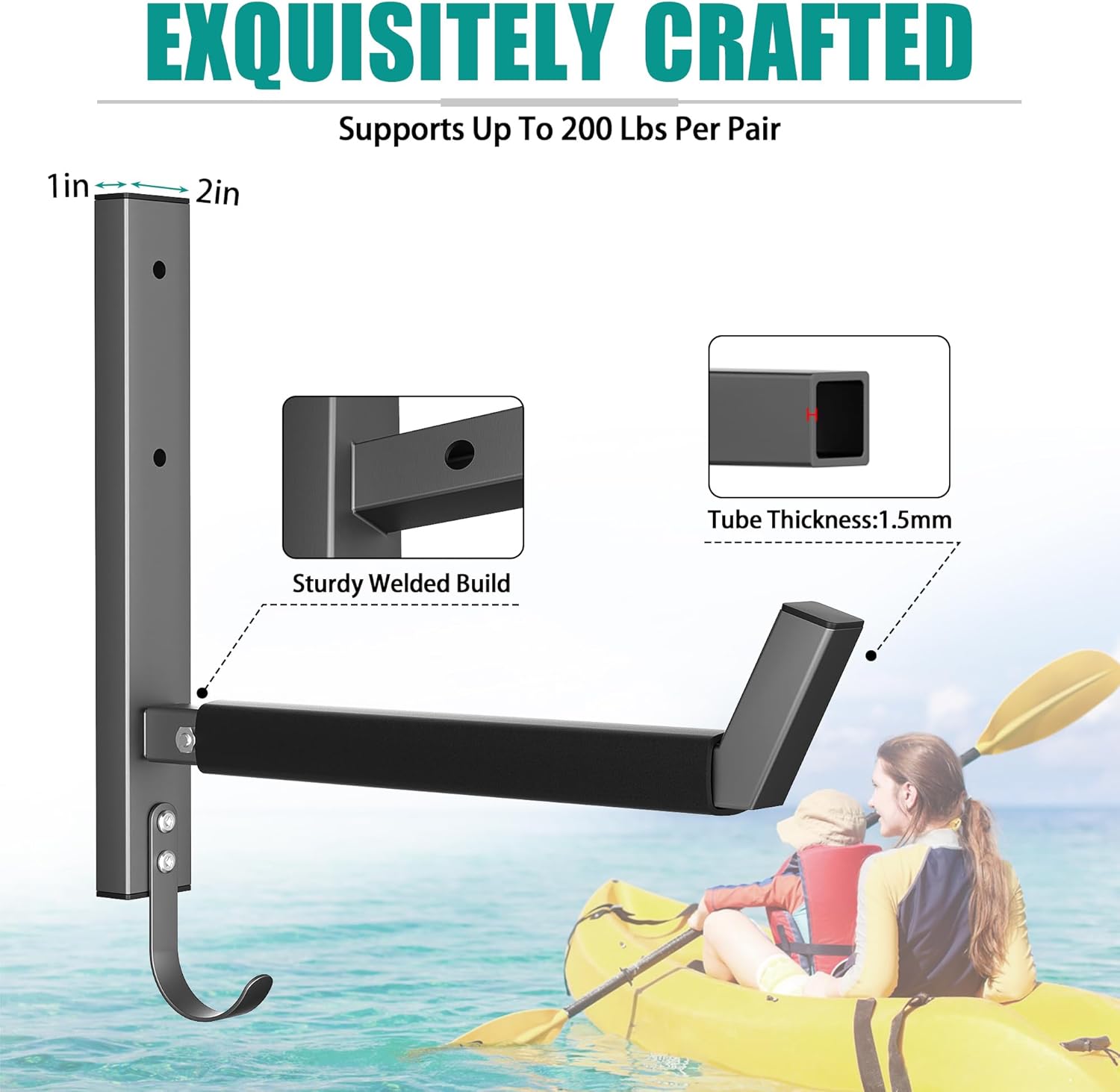 EVERHANGER Wall Mounted Kayak Storage Rack, Heavy Duty Kayak Holder with Paddle Hooks, Canoe Rack for Garage, Indoor & Outdoor Use, 2 Pack