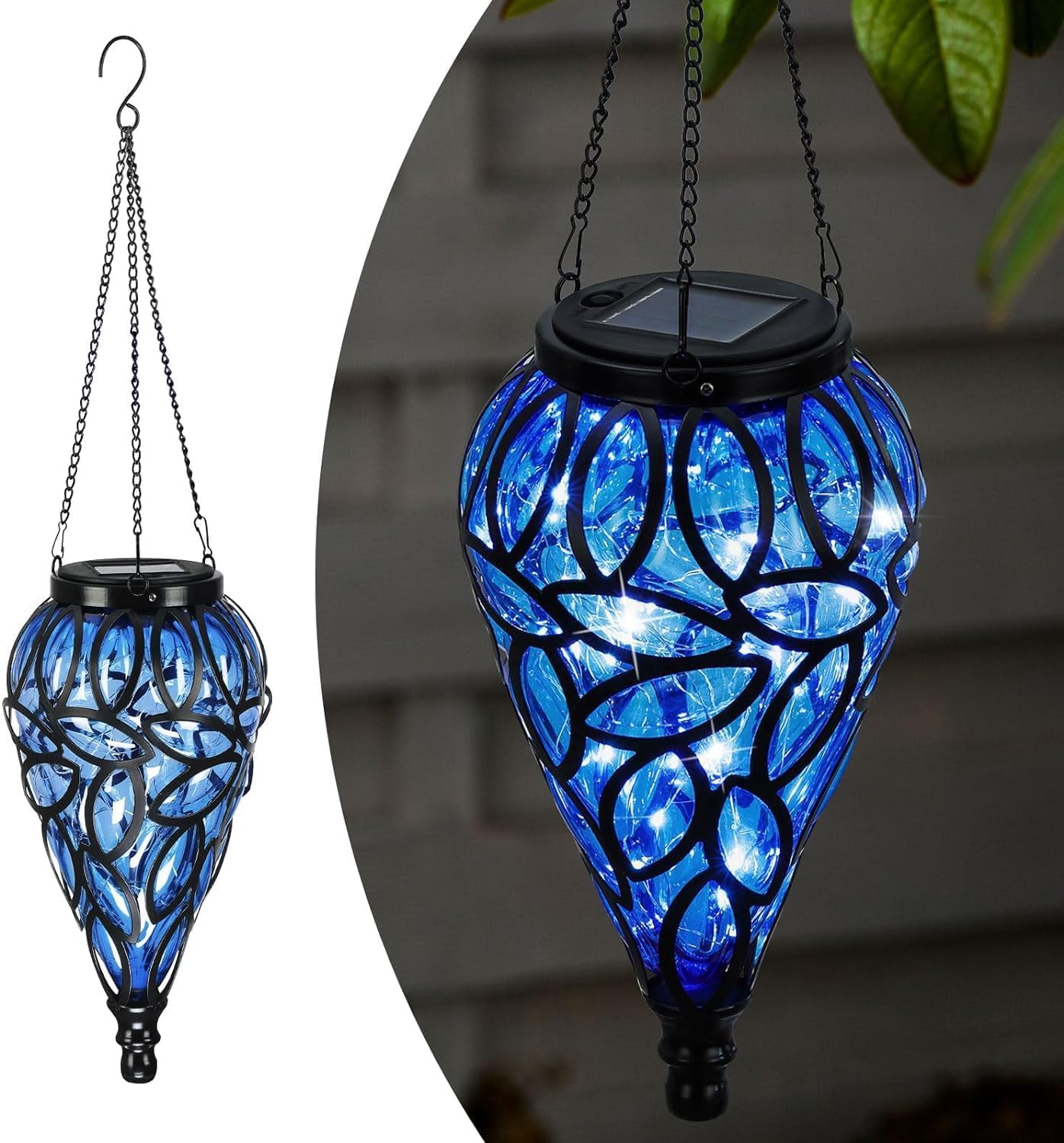 Decorative Solar Hanging Lantern - Handblown Plastic Teardrop Lantern Light - 15 LED Lights for Outdoor, Patio, Yard, Pathway Garden - Solar Powered Weather Resistant (Blue)