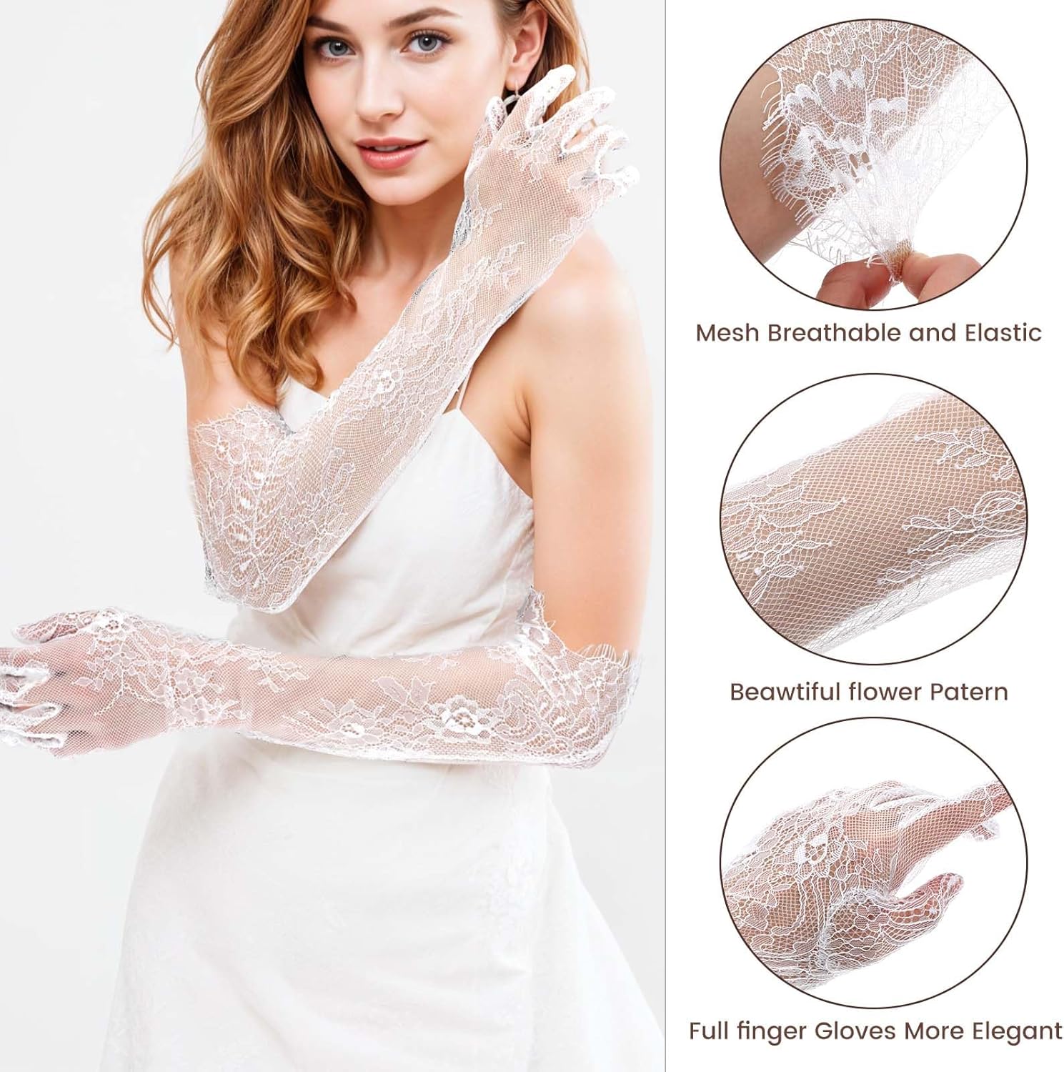 Yolev Lace Gloves Women Elegant Floral Mesh Tulle Sheer Long Tea Party 1920s Elbow Length Bridal Wedding Gloves For Wedding Engagement Cocktail Cosplay Masquerade (White) - Image 3