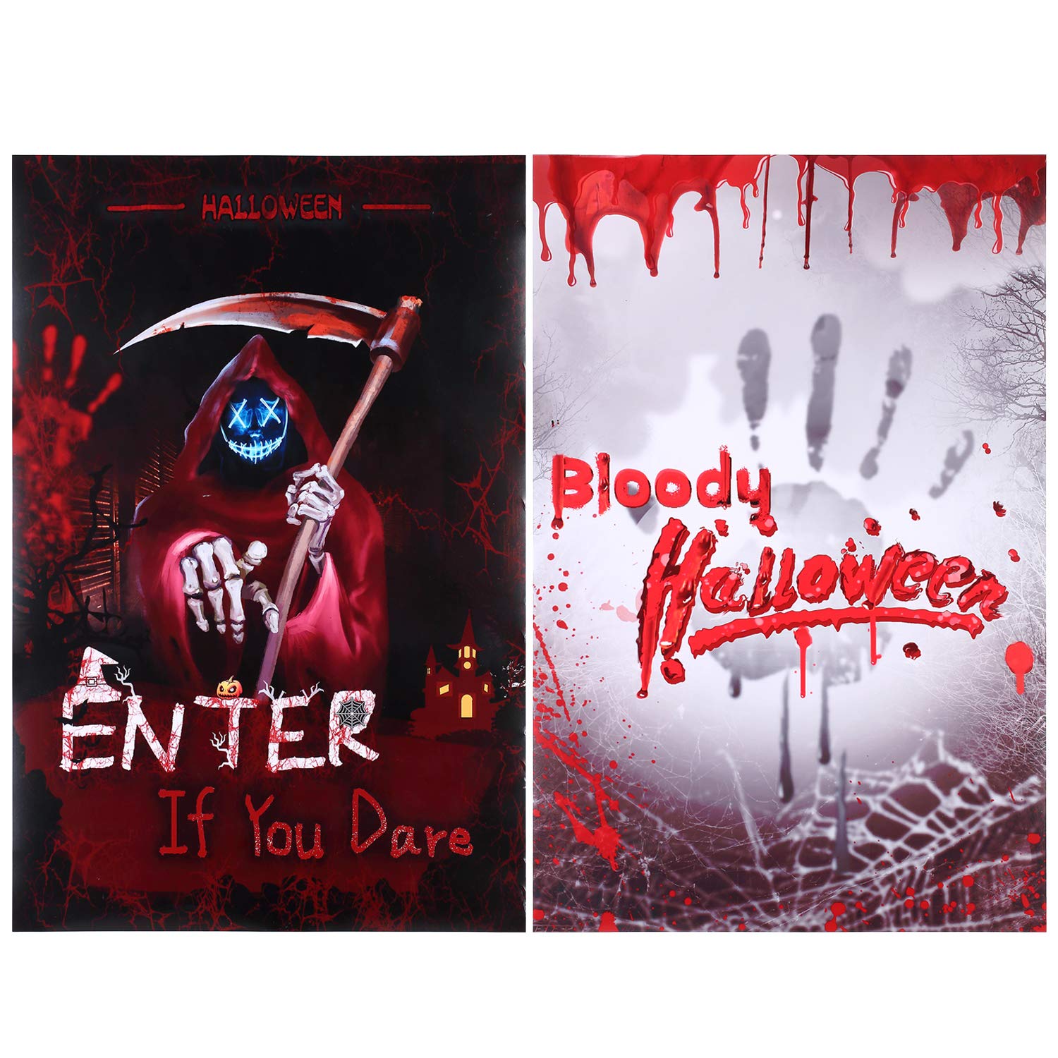 2 pcs Halloween Bloody Window Posters- Scary Bloody Handprint & Shadowy Figure Halloween Bloody Window Clings Decals for Halloween Haunted House Props Party Decoration