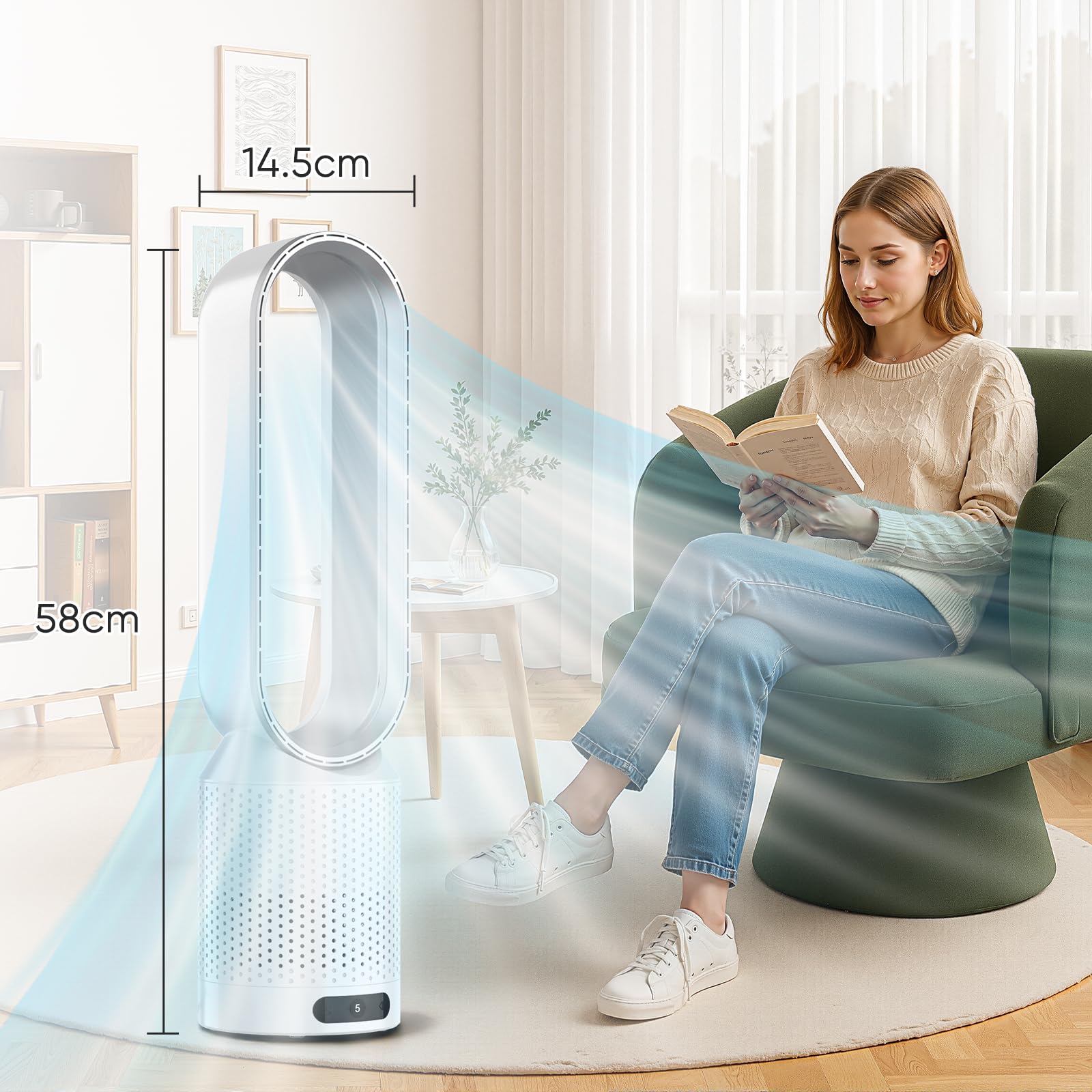 Rotorloser Ventilator mit Fernbedienung, 2in1 Turmventilator & Luftreiniger mit HEPA, 8 Geschwindigkeiten, 90° Oszillation, Timer, Weiß