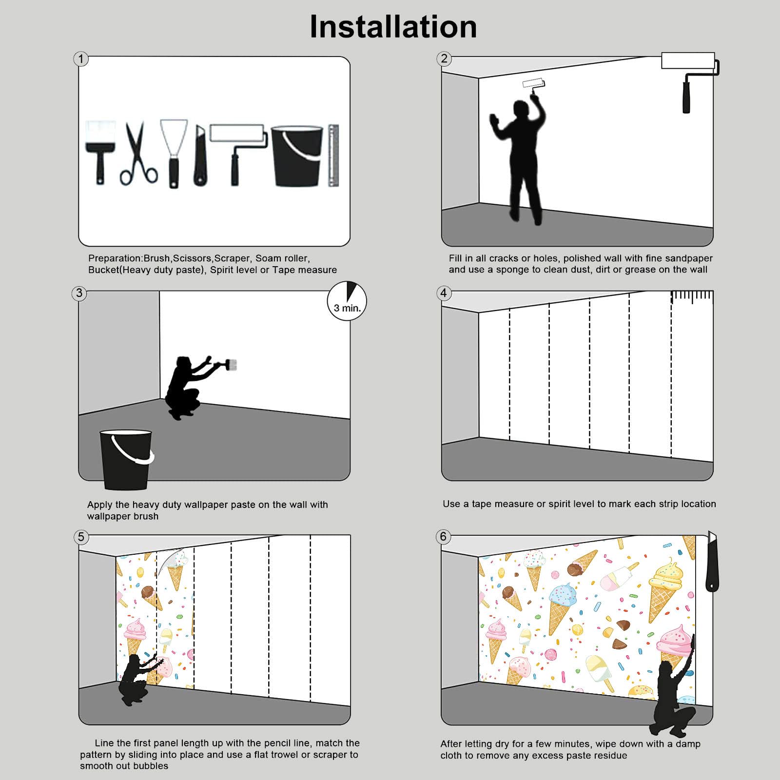 Carta Da Parati Cono Gelato, Stile Cartone Animato Carinomurale, 350×256Cm Ristorante Soggiorno Tv Parete Camera Letto Decorazione Della Parete Murali, Bianco