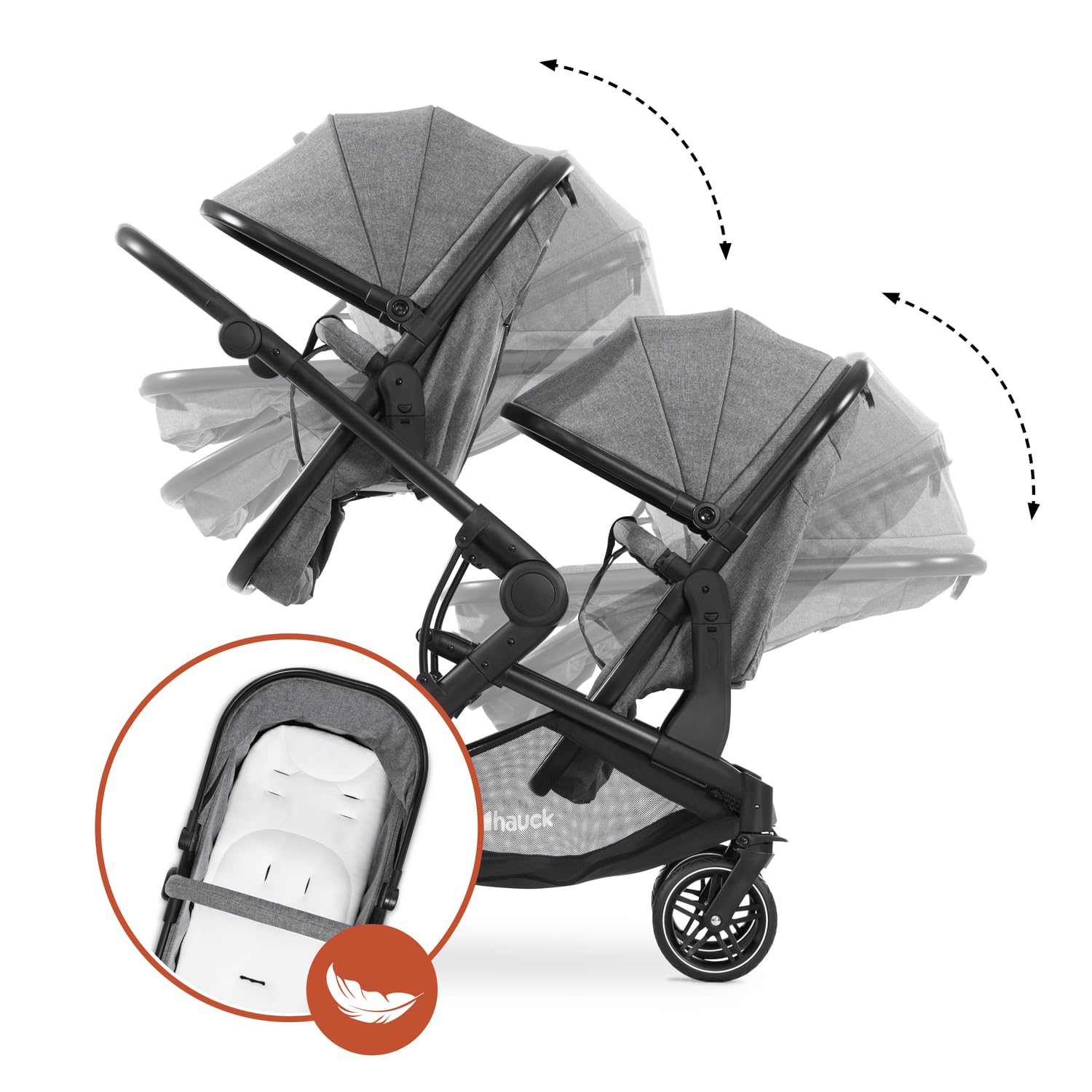 hauck Atlantic Twin Carro Doble Bebe Apto desde el Nacimiento, Silla de Paseo Gemelar Estrecha con Capazos Convertibles en Sillas - Gris Melange