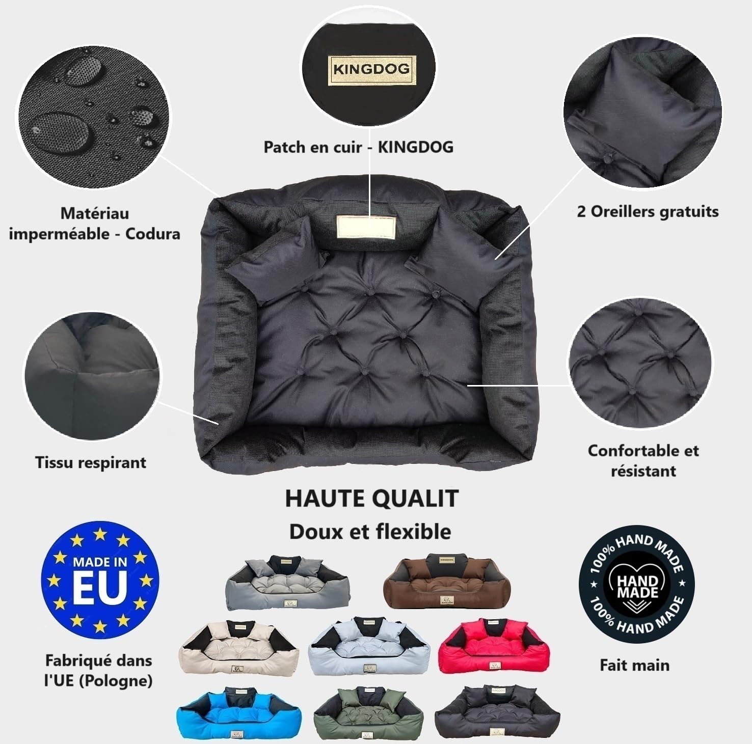 KING DOG Lit pour Très Grands Chiens XXL 130 x 105 cm Coussin Imperméable Lavable Canapé Confortable Moelleux Douillet Antidérapant Couchage pour Chien Intérieur Résistant Fabriqué en UE Noir