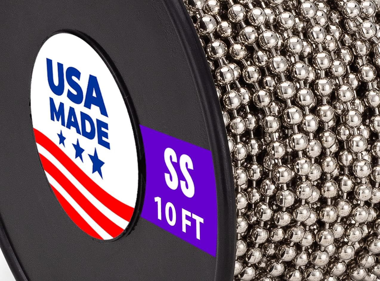 10 Foot Length Ball Chain, Bead Size Number #10 Made in USA (Stainless Steel)