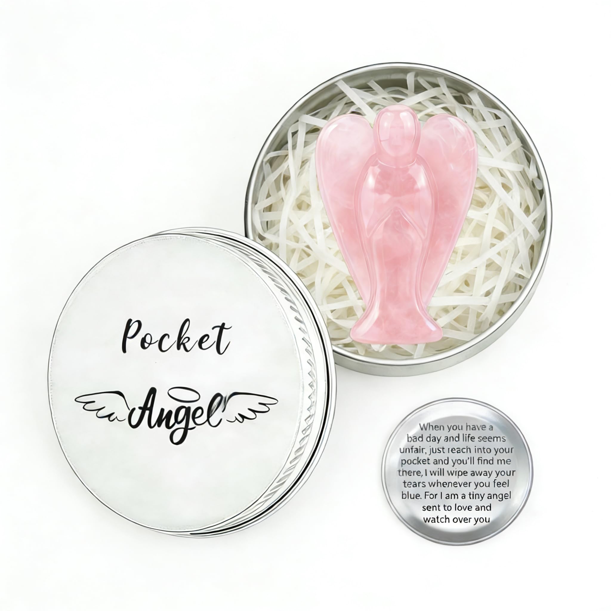 Rose Quartz Crystal Angel in Tin, Spiritual Gifts for Women, Healing Crystal Gifts, Guardian Angel Gifts, Inspirational Gift in a Tin (Pink)