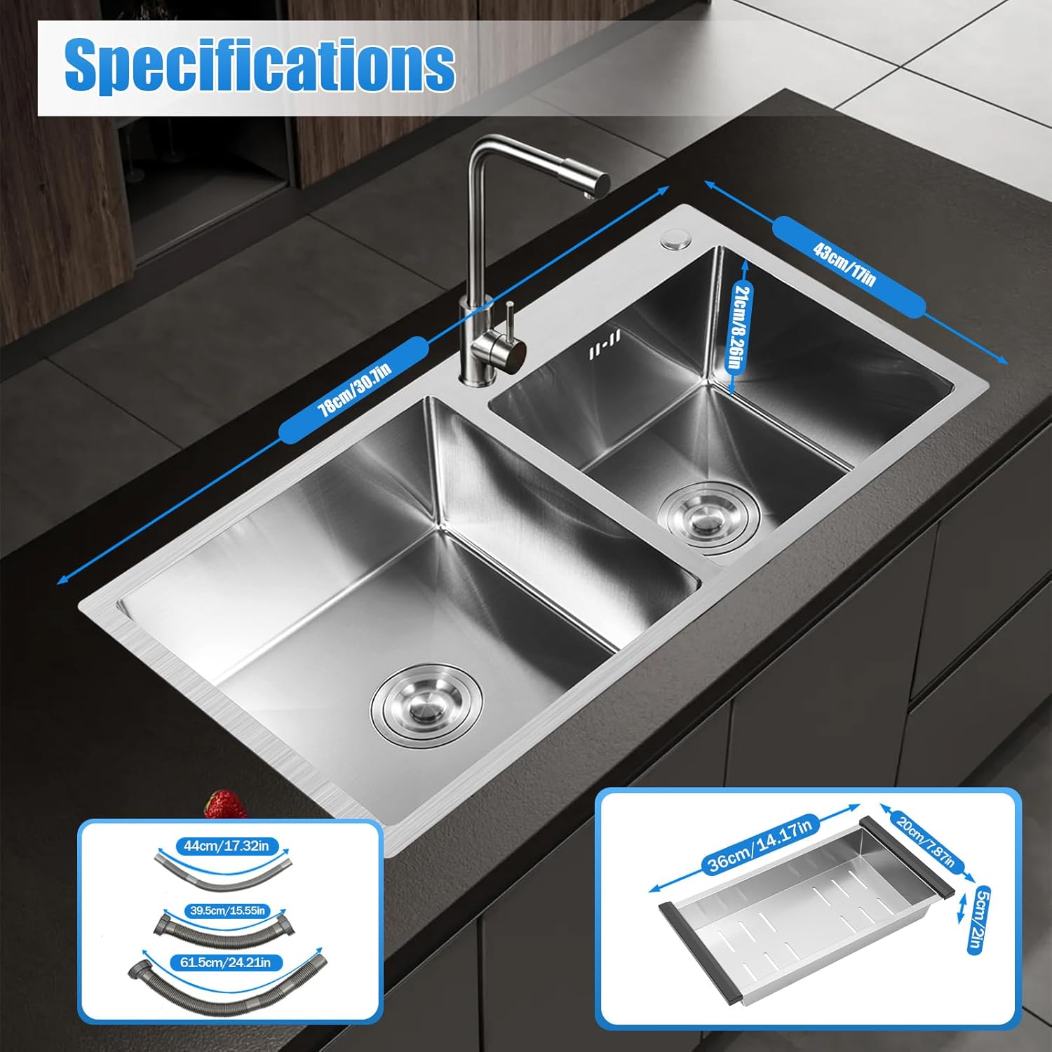 30inch Double Bowl Drop-in/Topmount Kitchen Sink, Stainless Steel Kitchen Sink with Drainage Pipes and Fruit Baskets for Garage Restaurant Backyard Bathroom Home, 30.7" L X 17" W X 8.26" H