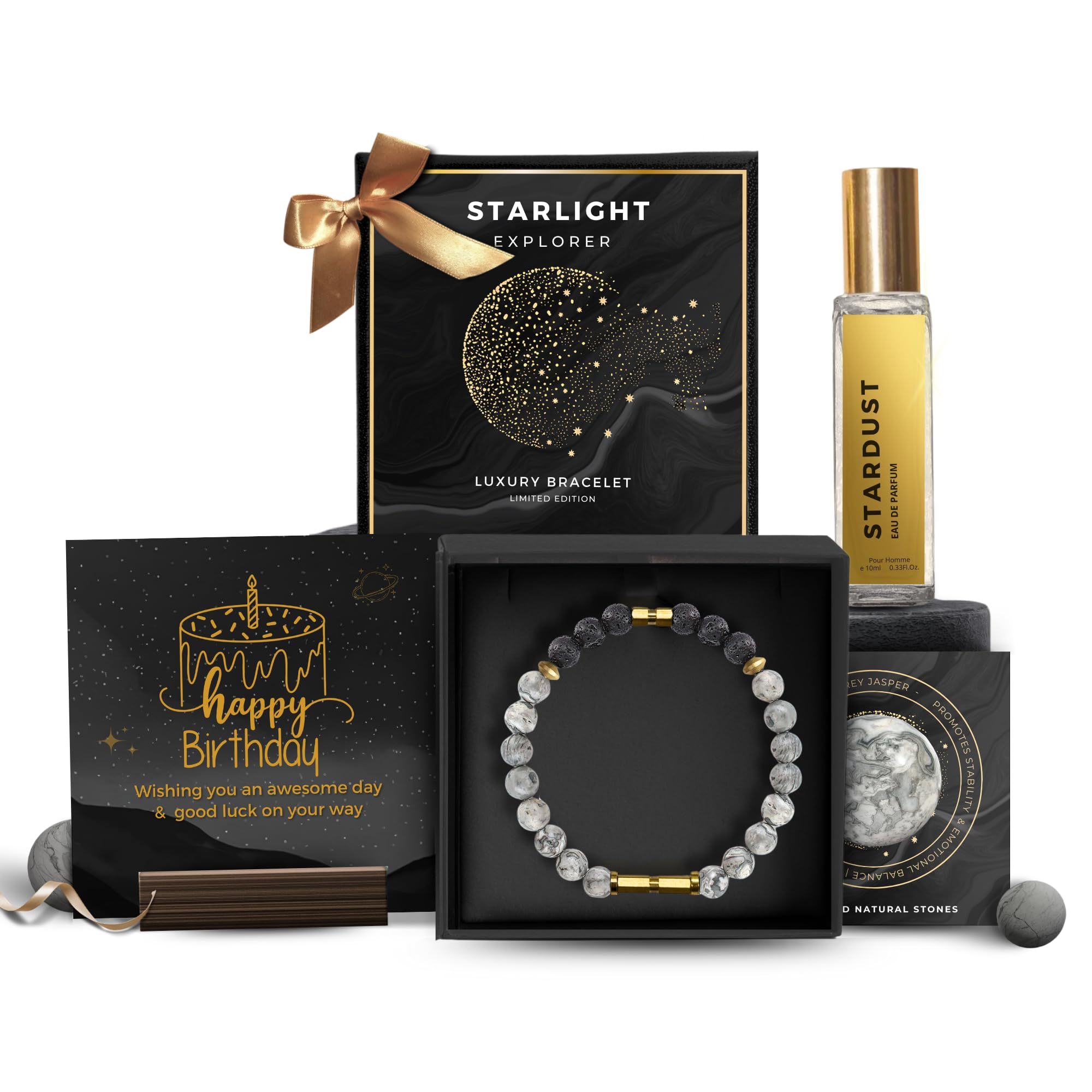 5 Senses Co. Luxury Starlight Bracelet Gift Set Combo for Men | Gift for Father, Brother, Boyfriend, Friend, Birthday | Certified Natural Stone Crystals Bracelet with Metallic Inserts & Long Lasting Luxurious Stardust Perfume | Birthday Card