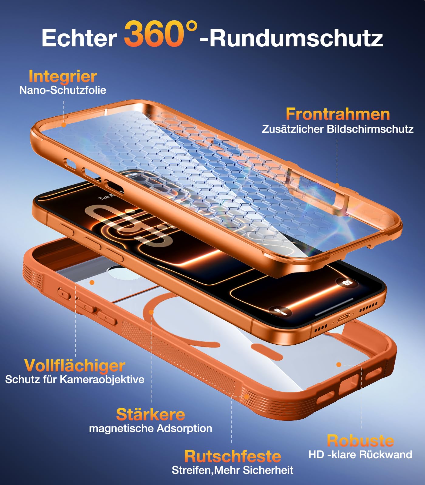 Diaclara für iPhone 17 Pro Hülle mit MagSafe, Militärschutz 360 Grad Vollschutz Schutzhülle mit integrierter Displayschutzfolie und Kameraschutz, Handyhülle Case für iPhone 17 Pro 6,3",Orange