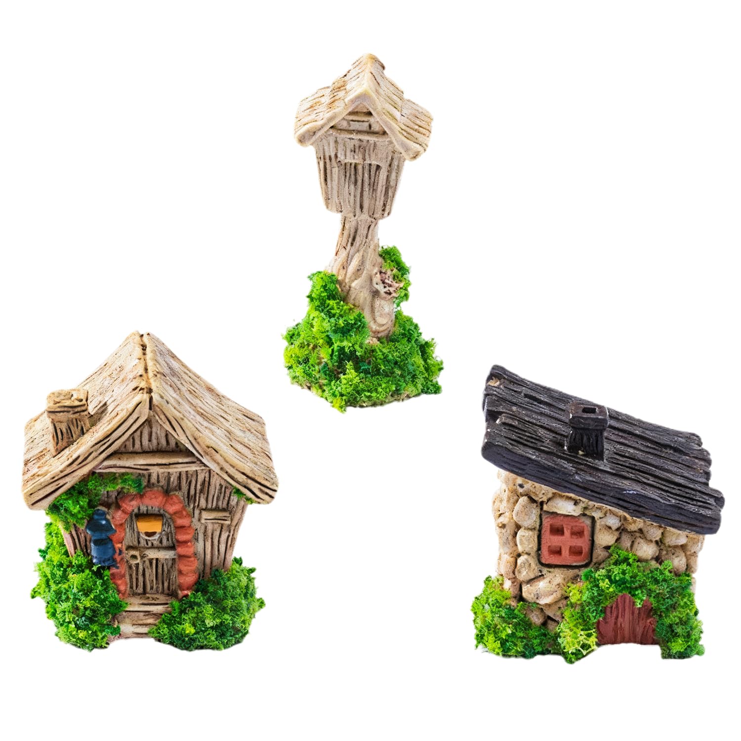 Qubitly 3 PCS Fairy Garden Miniature, Resin Fairy House Decor with Exquisite Details, Tiny House Ornaments Outdoor for DIY Craft, Home Decor, Tabletop Displays
