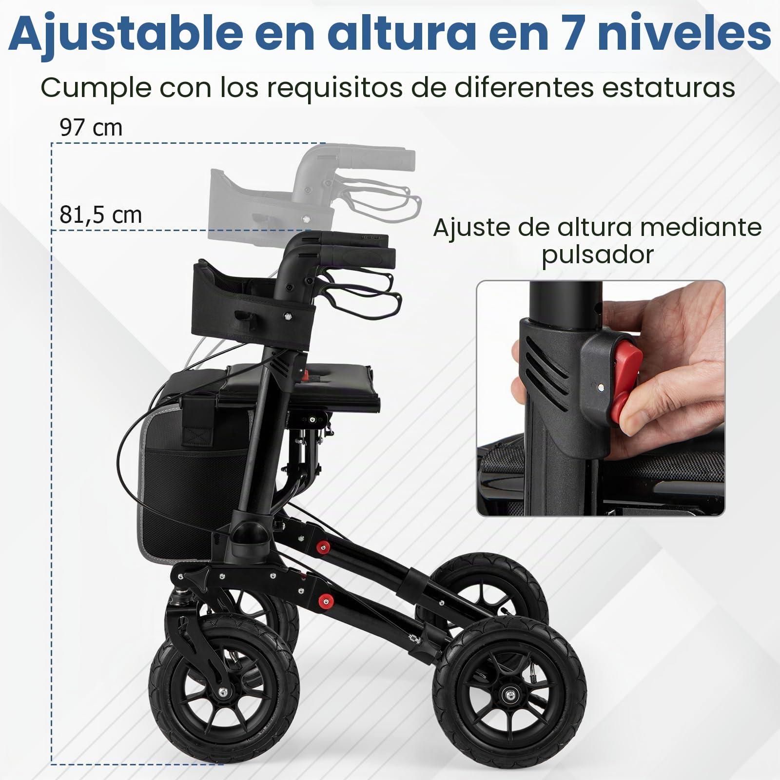 FANTASK Andador de viaje 2 en 1 para silla de ruedas y de viaje, color negro con sistema de ajuste de altura, andador de aluminio con diseño plegable, silla de ruedas con bolsa y soporte para bastones