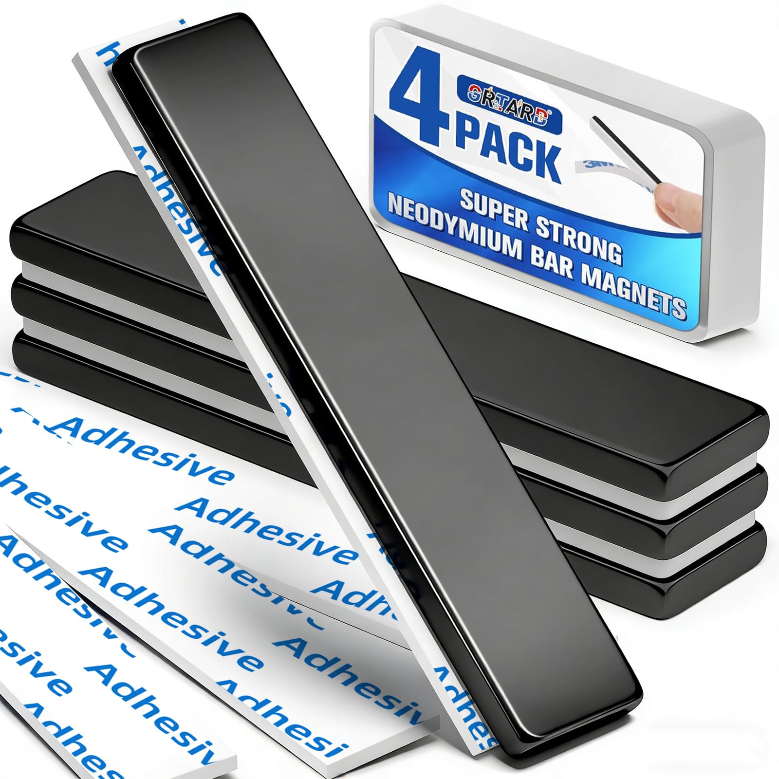 Grtard 4 Pack Neodymium Magnets, Strong Magnet, 60 x 10 x 3 mm Rare Earth Magnets, Extremely Powerful Bar, Fridge Magnetic Strips with Double-sided Adhesive for Multi-Use (4 Pack Black)