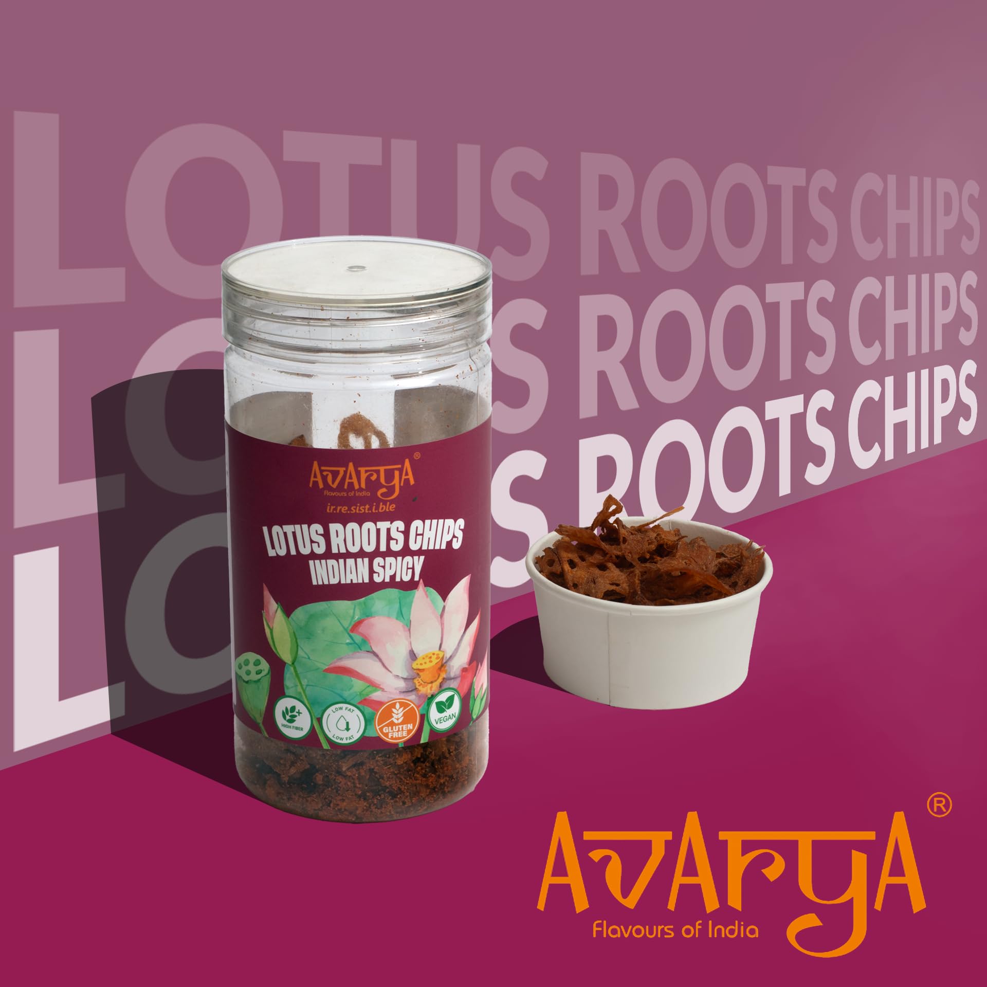 Avarya Lotus Root Chips 100 Gms | Crispy Lotus Stem Chips - Indian Spicy Flavour | Low in Oil | Health Savoury Snack | Vegan Snack | Pack of 1