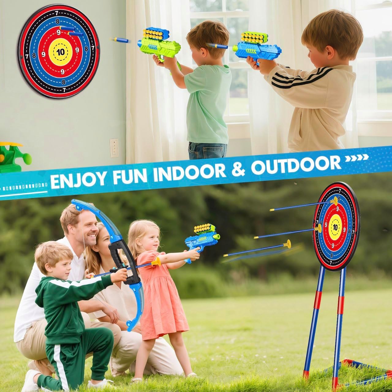 2 Pack Bow and Arrow Toy for 5 6 7 8 9 10+ Year Old Boys, Ideal Gift for Kids, Indoor Outdoor Shooting Game Toy for Ages 4-8 8-12, LED Light Up Archery Set with 12 Suction Cup Arrows