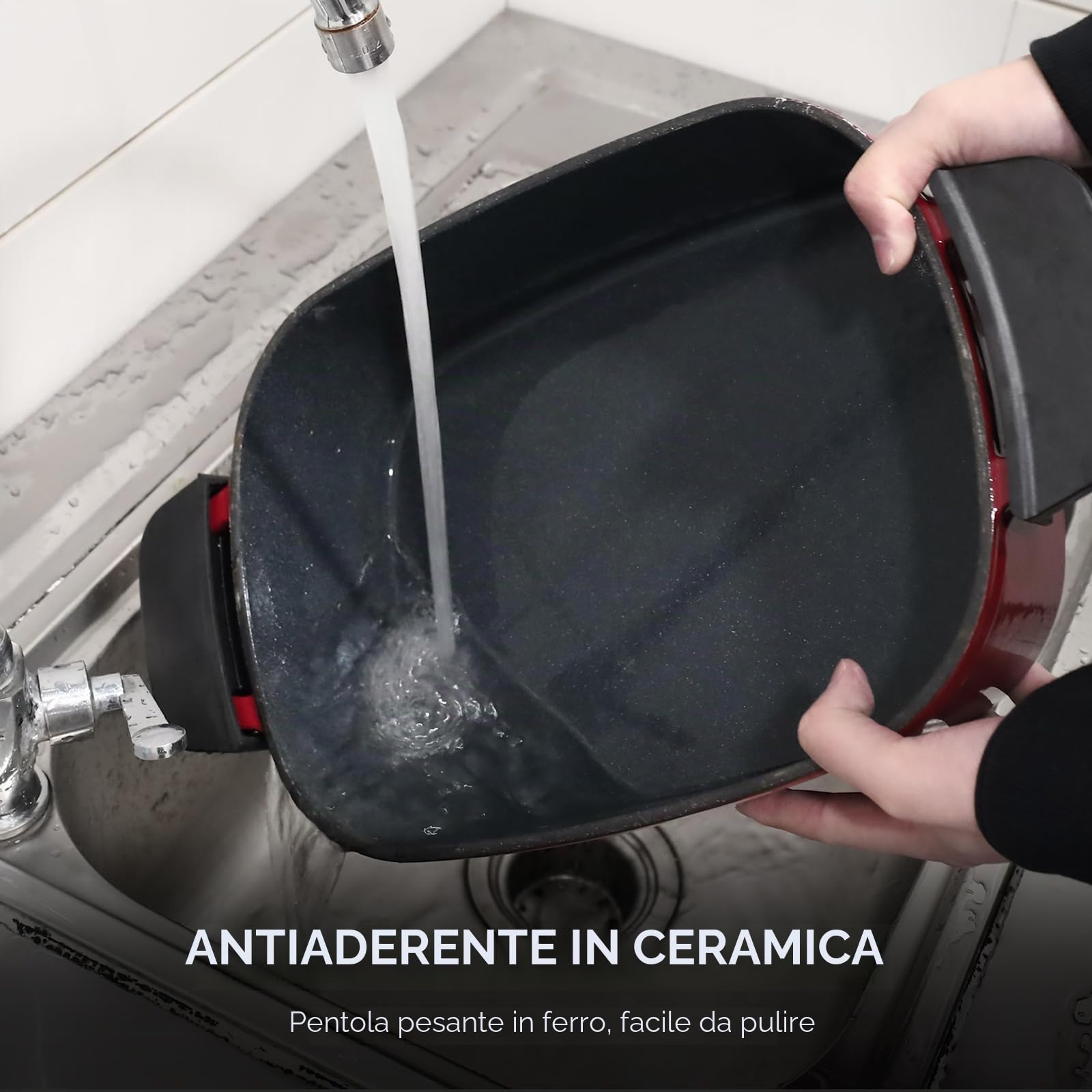 Homtone Casseruola 6 in 1 Slow Cooker, 5,5 l, programmabile, smaltata rimovibile, rivestimento in ceramica, cottura lenta, rosola, cottura a vapore con griglia a vapore, rosso