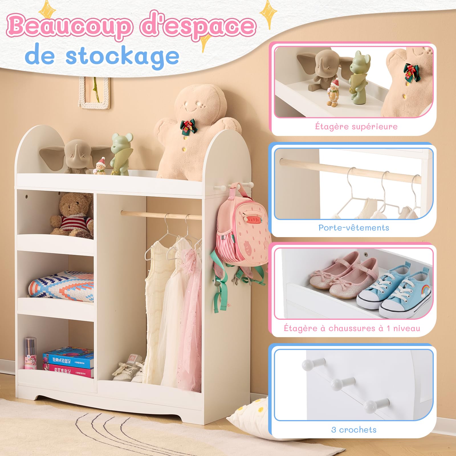 LALAHO Armoire Enfant avec Portant Vêtements Garde-Robe，Dressing penderie Enfant avec 4 Étagères et 3 Crochets（Blanc）