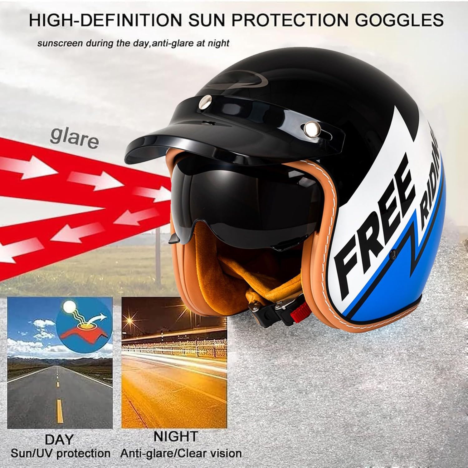Media Casco De Motocicleta Vintage Casco Abiertos con Visera Solar 3/4 Casco Moto Jet Alemán Estilo ECEDOT Homologado Cascos Half-Helmet para Hombres Y Mujeres