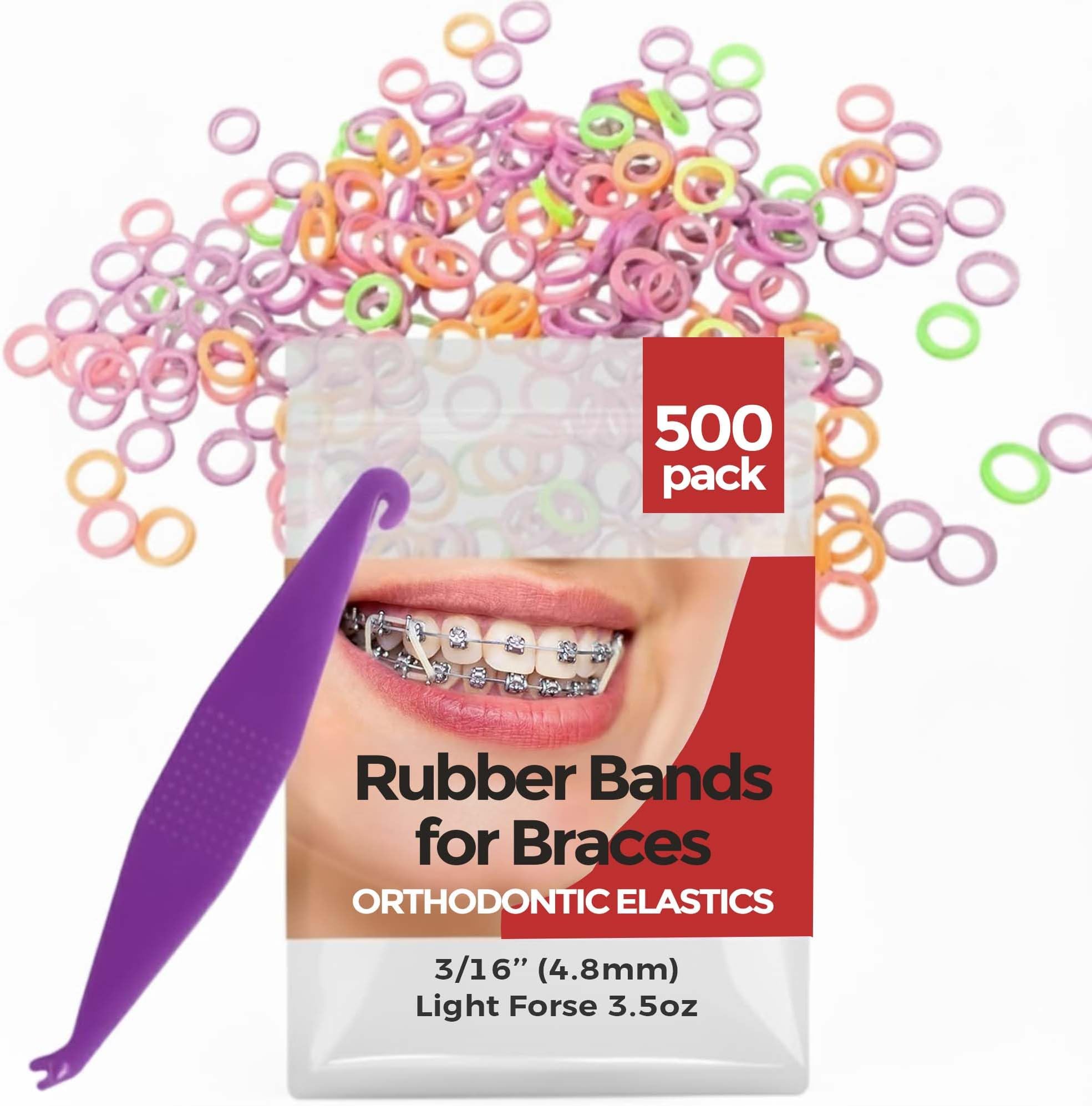 Light Force 2.5 oz , 500 Pack - Neon : 3/16" inch Orthodontic Elastic Rubber Bands, 500 Pack, Neon, Light Force 2.5 oz, Small Rubberbands for making bows, Dreadlocks, Dreads, Doll Hair, Braids, Horse Mane, Horse Tail, Fix Tooth Gap in teeth, Top Knots + FREE Elastic Placer for braces