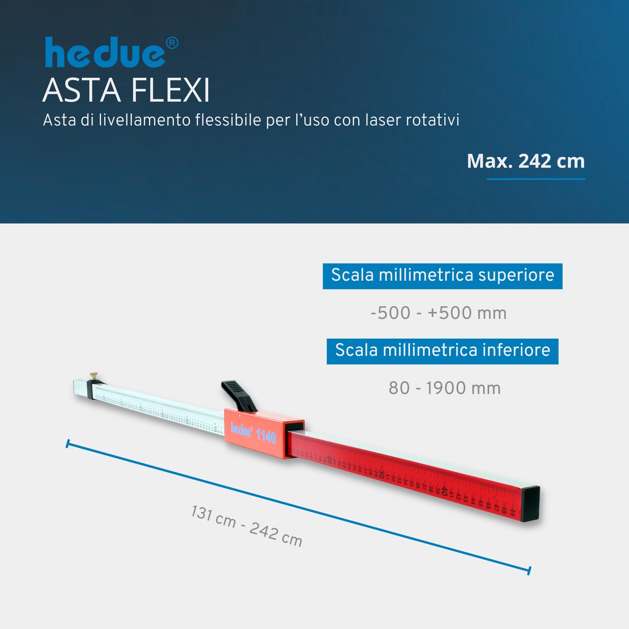 Asta Flexi - Asta di livellamento per laser rotativo con supporto per ricevitore, alluminio anodizzato, 1,31–2,42 m