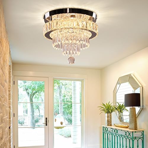 Miniatura 2 de Finktonglan Candelabros de cristal de 11.8 pulgadas, lámpara de techo de cristal moderna LED pequeños, lámpara de montaje semiempotrado para