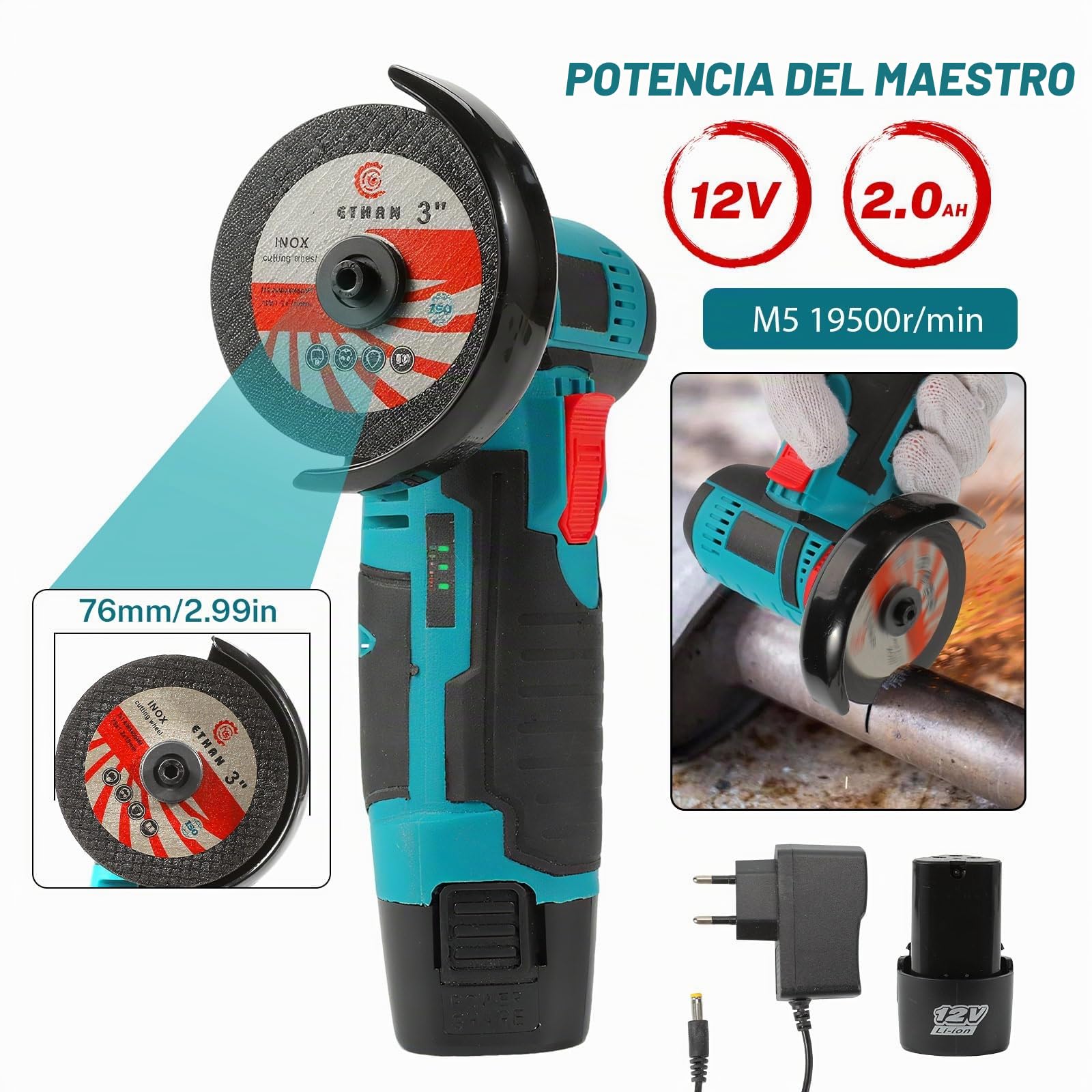 Mini amoladora angular inalámbrica 19.500 RPM,disco 76 mm, 12 V disco inalámbrico con 2 baterías 2000 mAh,17 discos de corte para molienda, pulido, corte (blue)