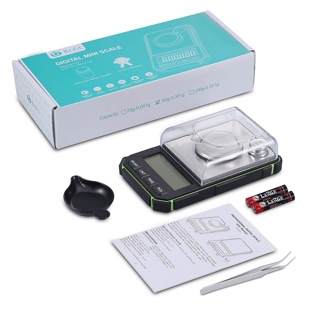 ORIA Bilancia di Precisione, 50g/0.001g Bilancia Digitale Tascabile Ad Alta Precisione con Peso di Calibrazione 50g, Pinzette, Piatto di Pesata, Funzione Tara, LCD, 6 Unità