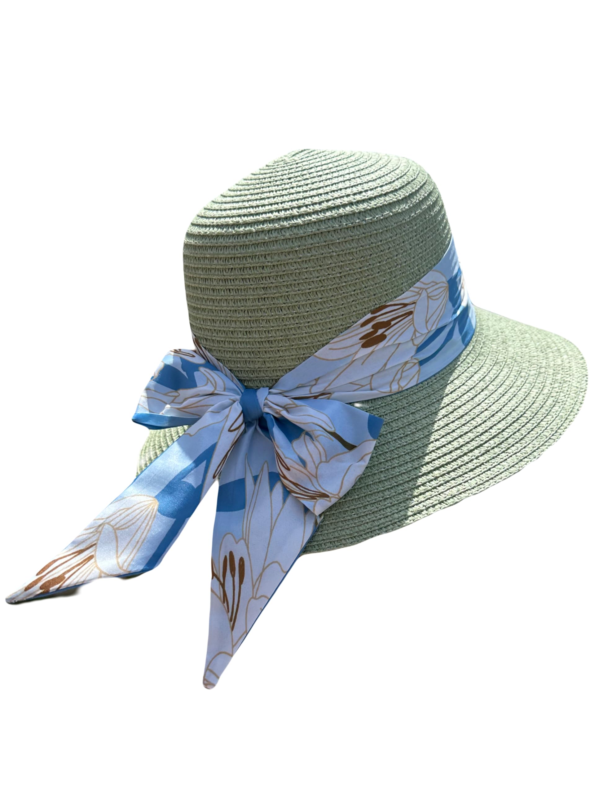 MIGURA Sombrero Verde Mujer De Paja Protección Solar Panama Pamela Playa Verano Esparto Gorra para Sol Visera Enrollable con Lazo Azul