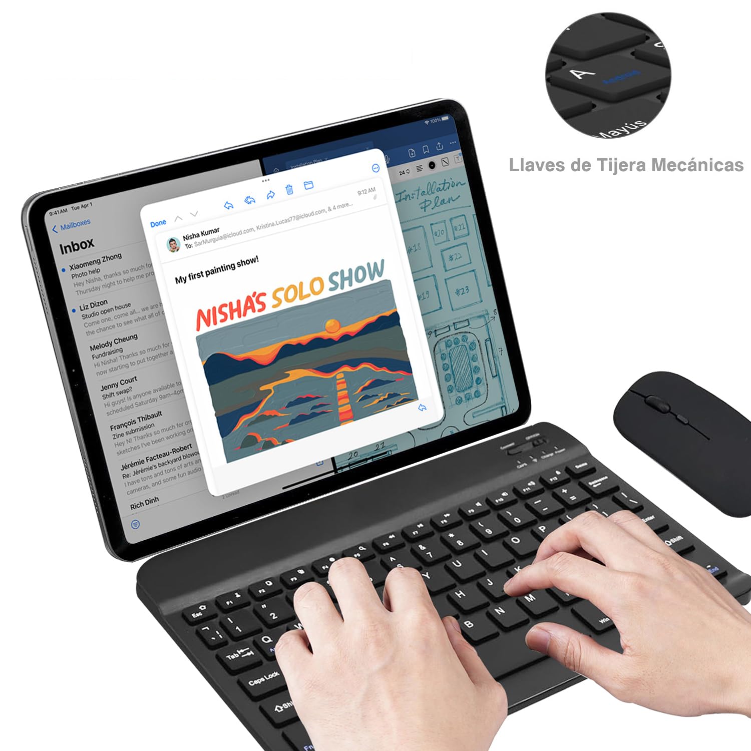 Teclado y Ratón Inalámbrico Bluetooth, 10” Español Ñ Teclado y Ratón Recargables Silenciosos y Portátiles para iPad Pro/iPad Air/Samsung/Huawei/Honor/Xiaomi/Tablet/iOS/Android/Windows