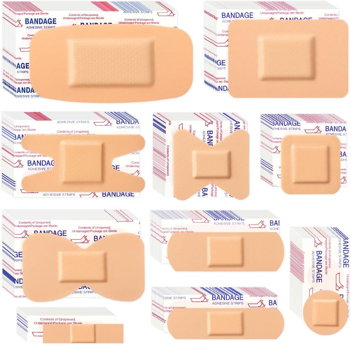 200 Pcs Assorted PE Adhesive Bandages Bulk 10 Styles Multi-Size Waterproof Breathable Bandages with Fingertip Large Strips for First Aid Wound Protection