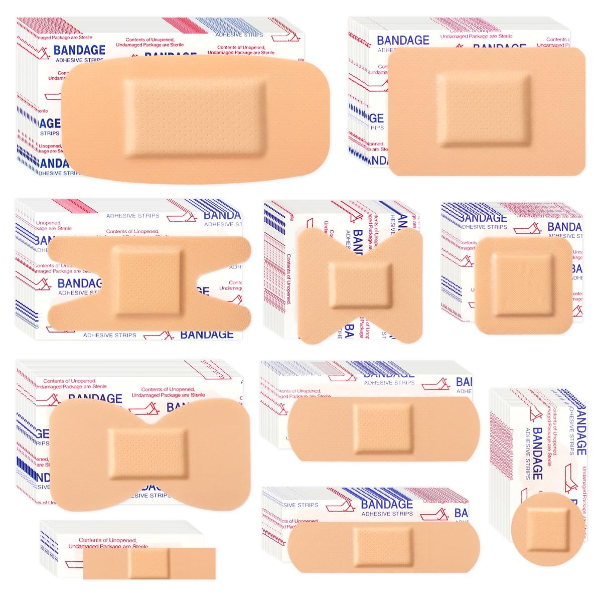 Photo 1 of 200 Pcs Assorted PE Adhesive Bandages Bulk 10 Styles Multi-Size Waterproof Breathable Bandages with Fingertip Large Strips for First Aid Wound Protection