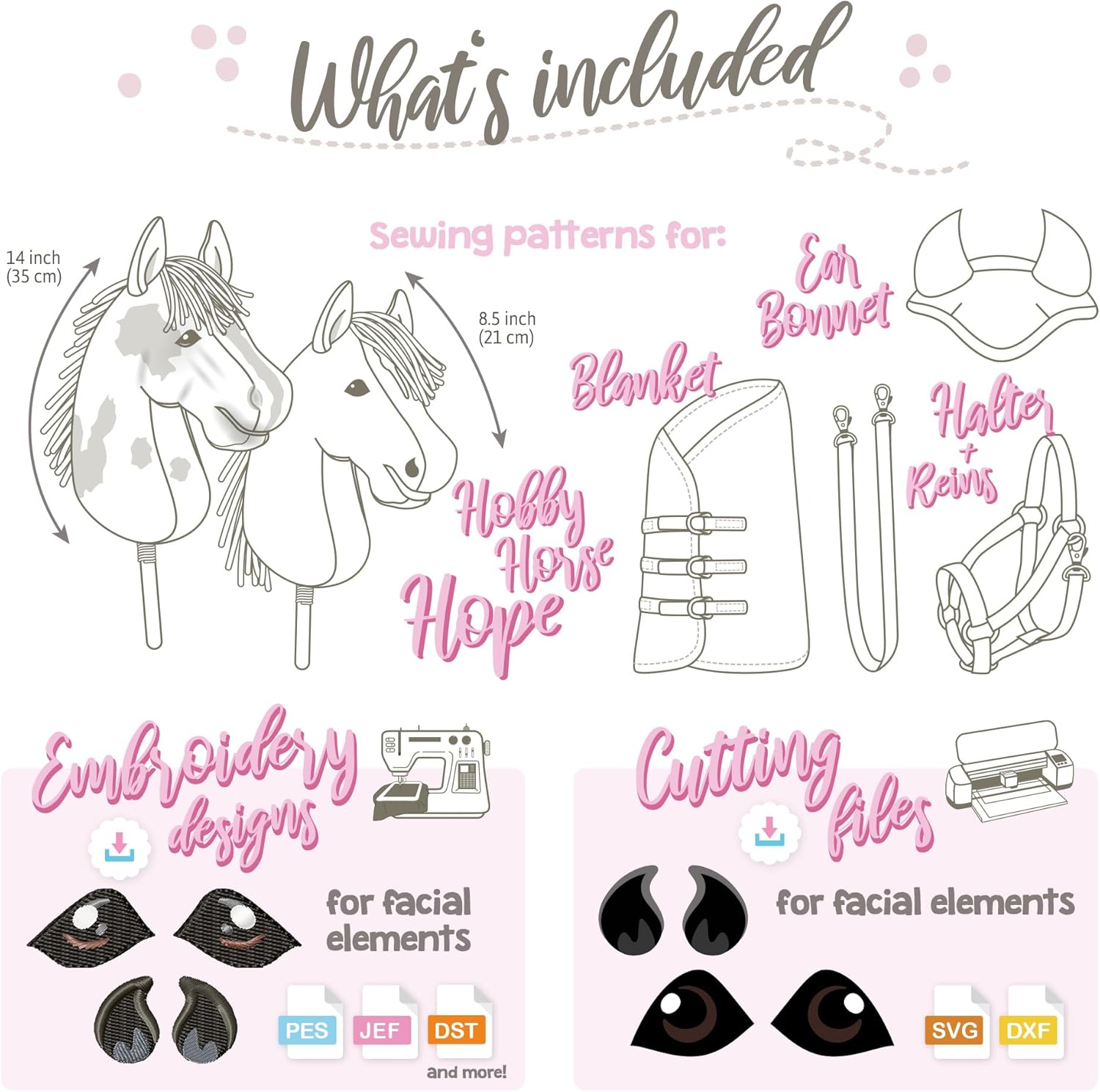 kullaloo Hobby Horse Sewing Pattern – Make a Stick Horse with Ear Bonnet, Blanket & Halter | Paper Pattern with QR Video Tutorials, PES & SVG Files | Designed in Canada