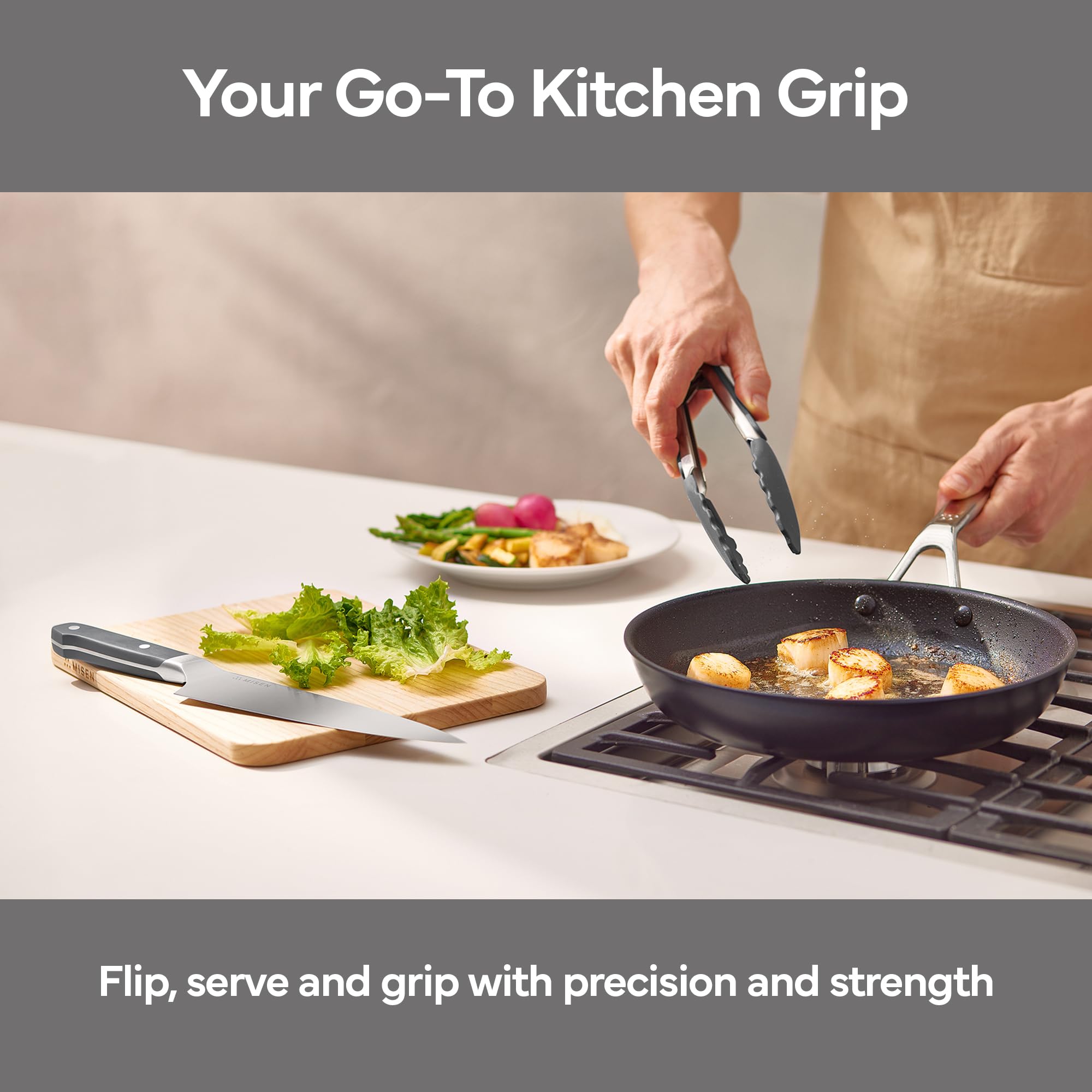 Misen Pinzas para cocinar con puntas de silicona – Pinzas de cocina de acero inoxidable – Pinzas para cocinar alimentos – 12 pulgadas – Gris
