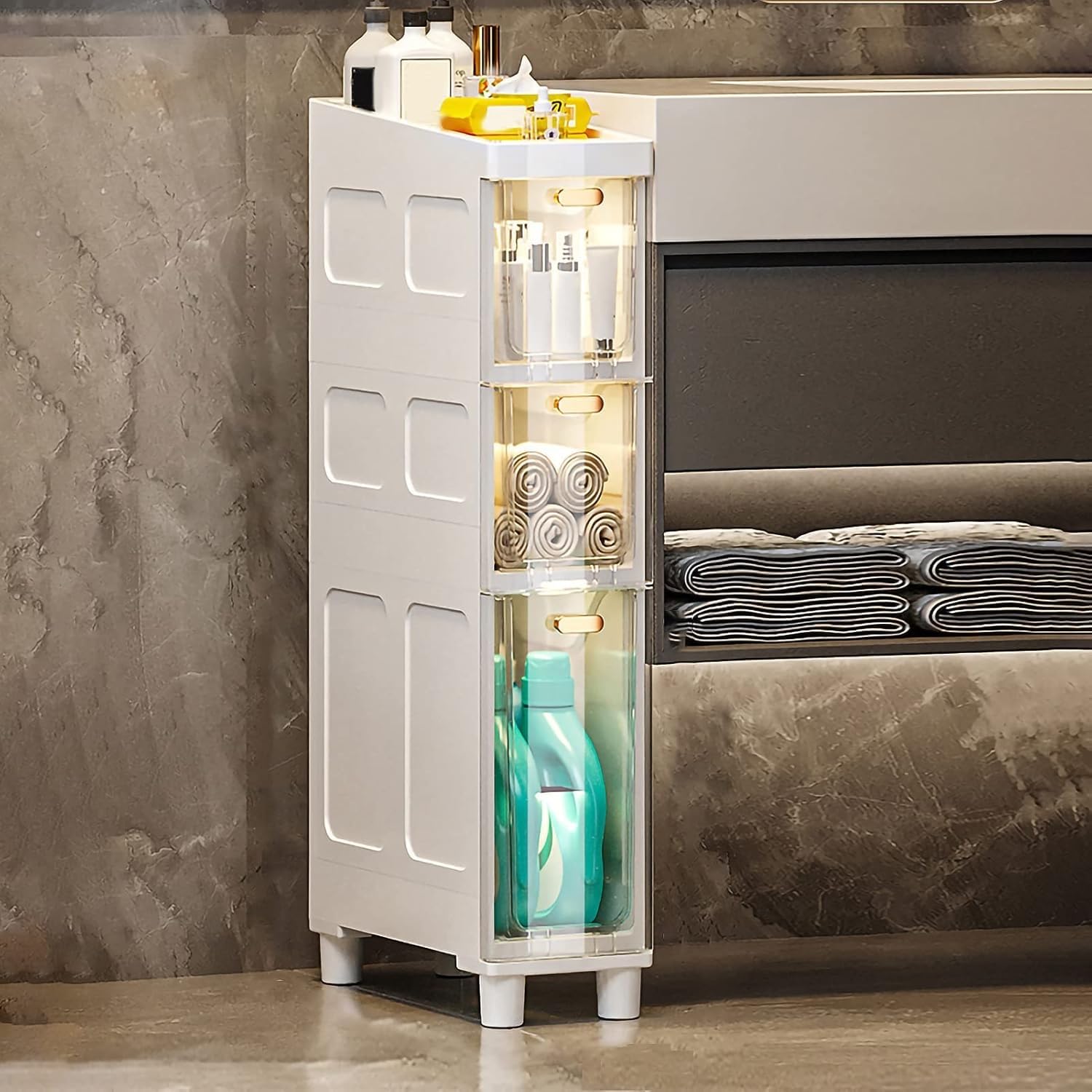 Lagerschrank, schmal, hoch, schlanker Unterschrank, 3/4/5-stufiger Lagerschrank, Seiten-Organizer mit Kunststoffschubladen und Rollen, schmaler Kommodenturm, stabiler Toilettenpapier-Aufbewa