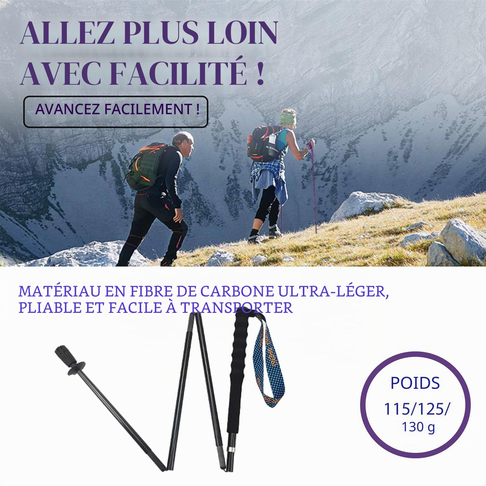 OKHEALING Lot de 2 bâtons de randonnée ultralégers pliables en fibre de carbone avec poignée anti-humidité et sac de rangement