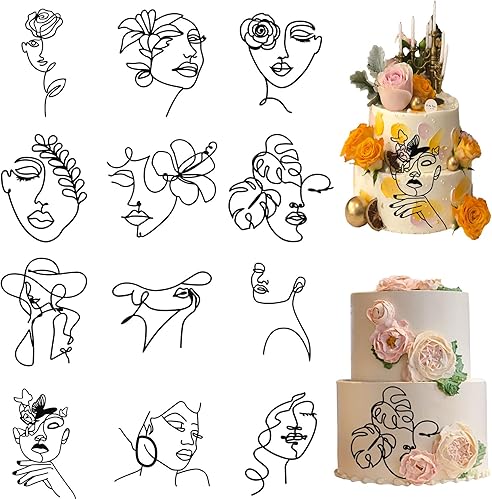 12 piezas de decoración de pastel de cara de pareja de arte de cara dorada, decoración bohemia para tartas, 12 estilos acrílicos minimalistas,
