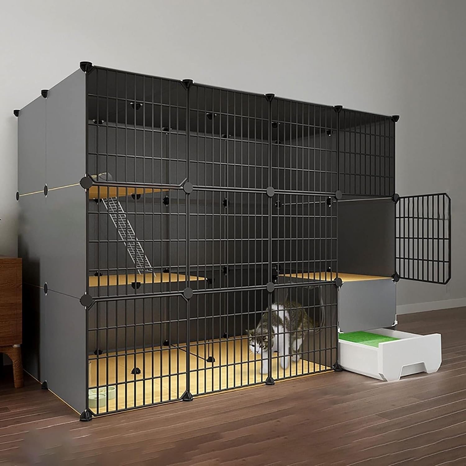 Large Indoor Cat Cage with Litter Box, 2/3 Tier Detachable Metal Cat Enclosure for Small Animals, 75x95x111cm(147X95X111CM)
