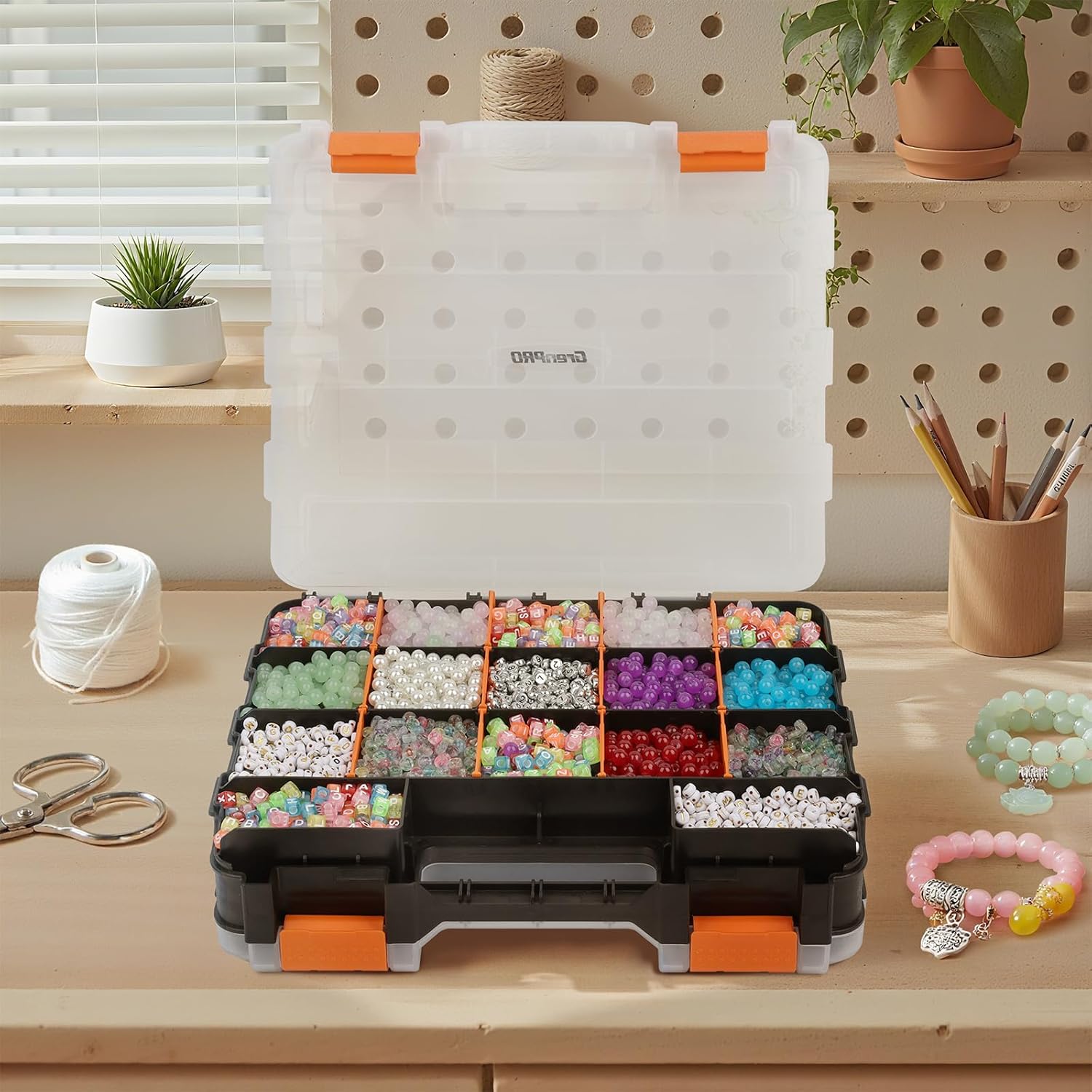 GRENPRO Mini Tool Box Organizer, Plastic Small Tool Box with Dividers, Double Side Bead Organizer, 34-Compartments Hardware Screw Organizers, Parts Tool Organizers Storage