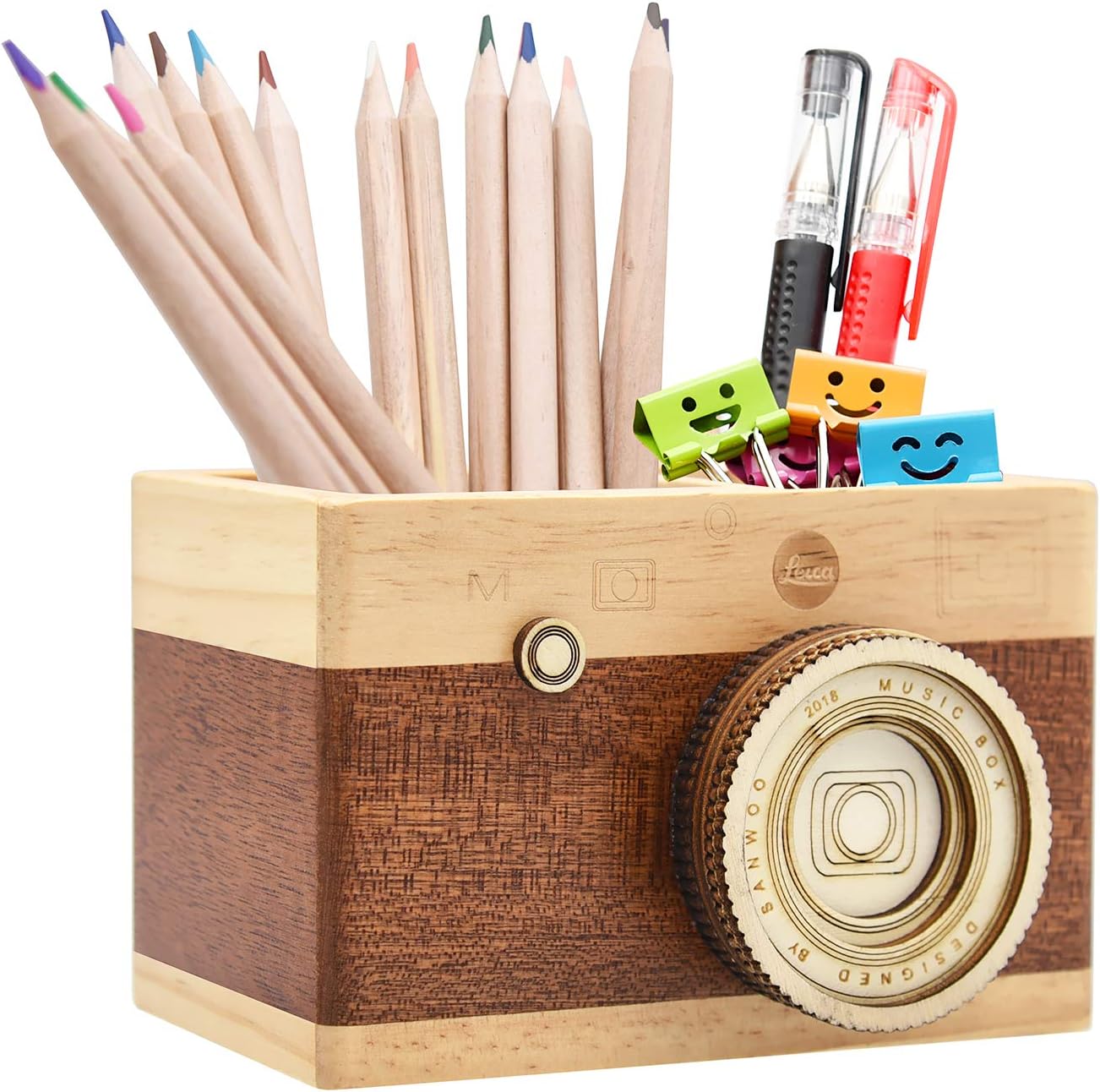 Creative Camera Wooden Pencil Holder Desktop Pencil Holder Stationary Makeup Organizer Holder for Office Home, Great Gift for Photographers (Long)